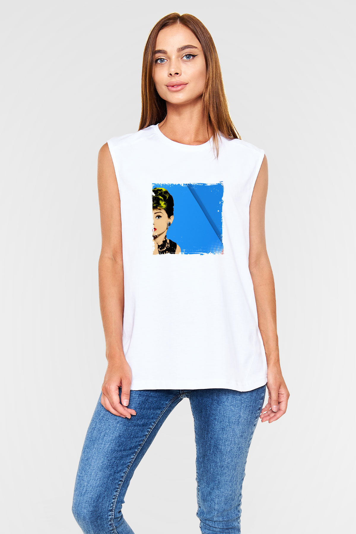Audrey Hepburn Unisex Baskılı Beyaz Kolsuz Tişört