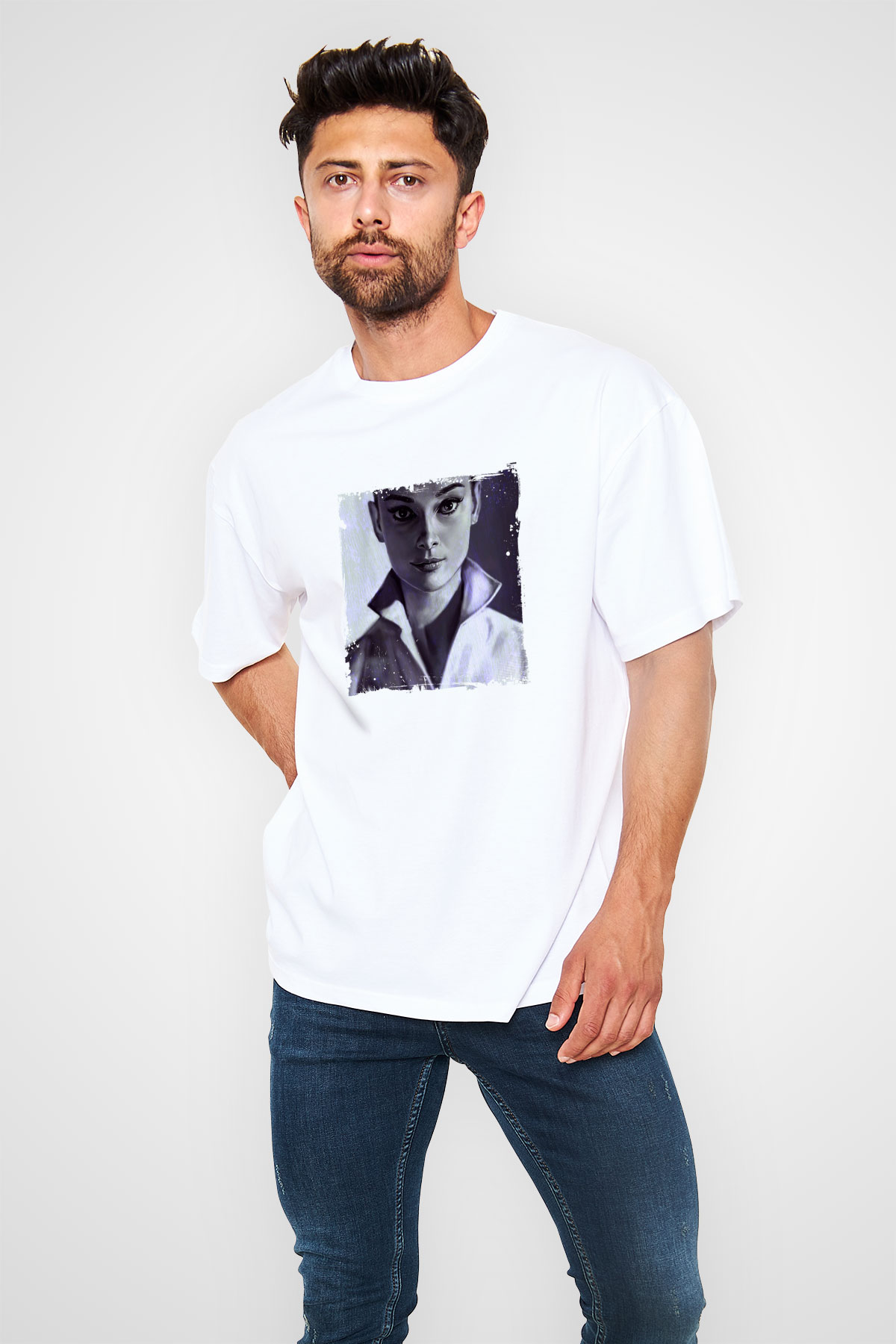 Audrey Hepburn Oversize Baskılı Beyaz Tişört