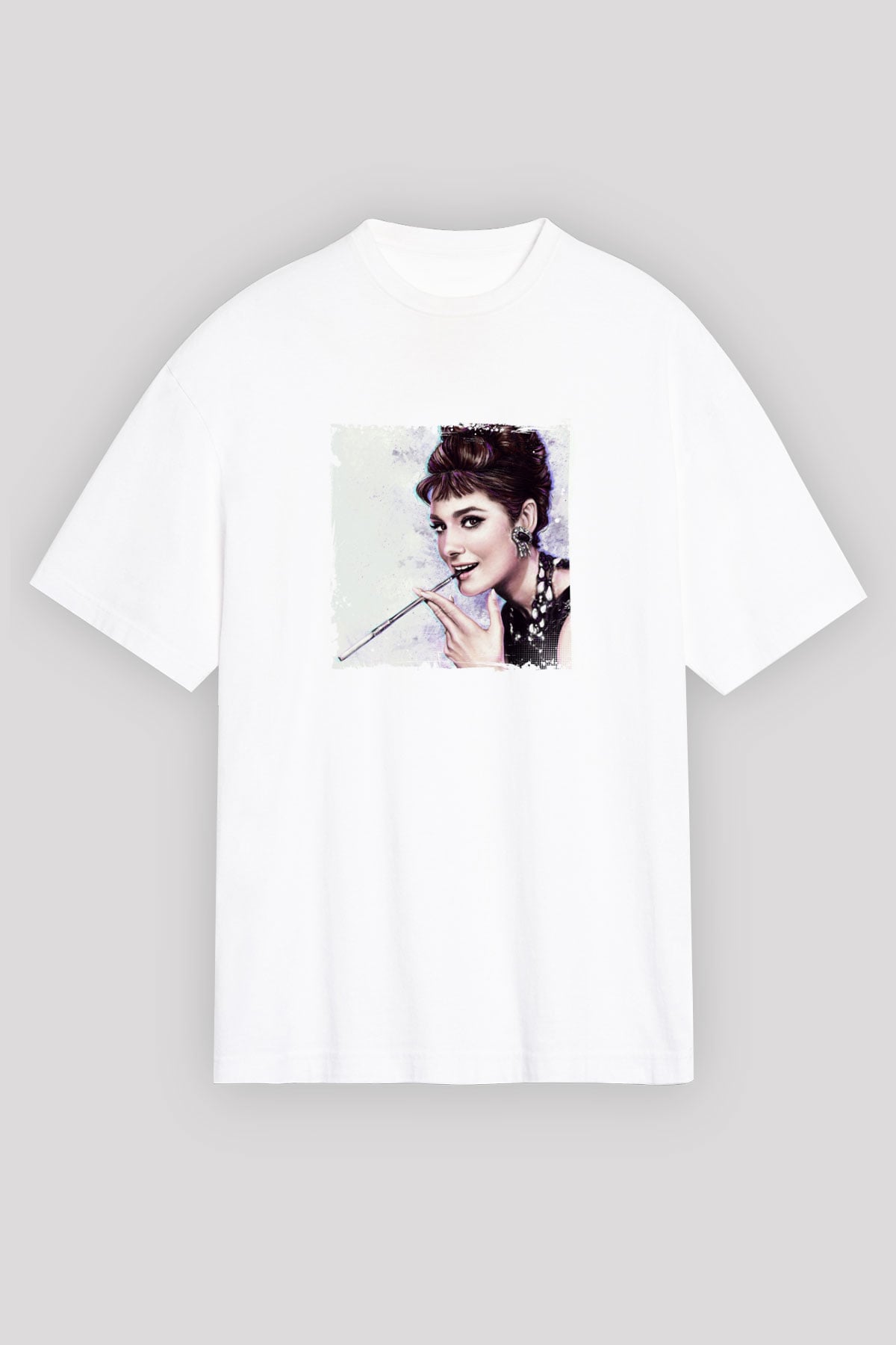 Audrey Hepburn Oversize Baskılı Beyaz Tişört
