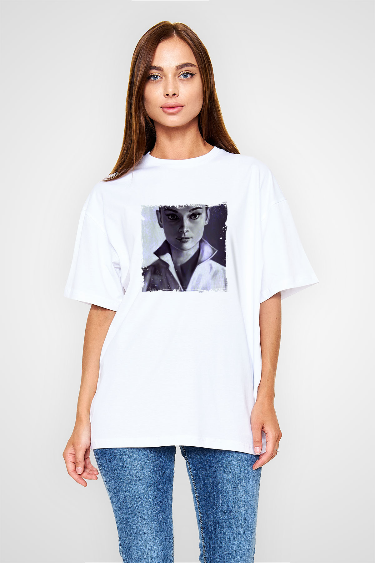 Audrey Hepburn Oversize Baskılı Beyaz Tişört