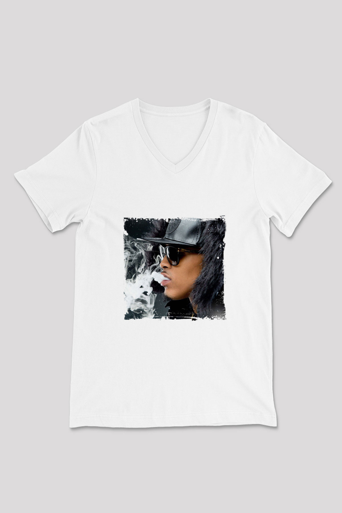 August Alsina Baskılı Beyaz V Yaka Unisex Tişört