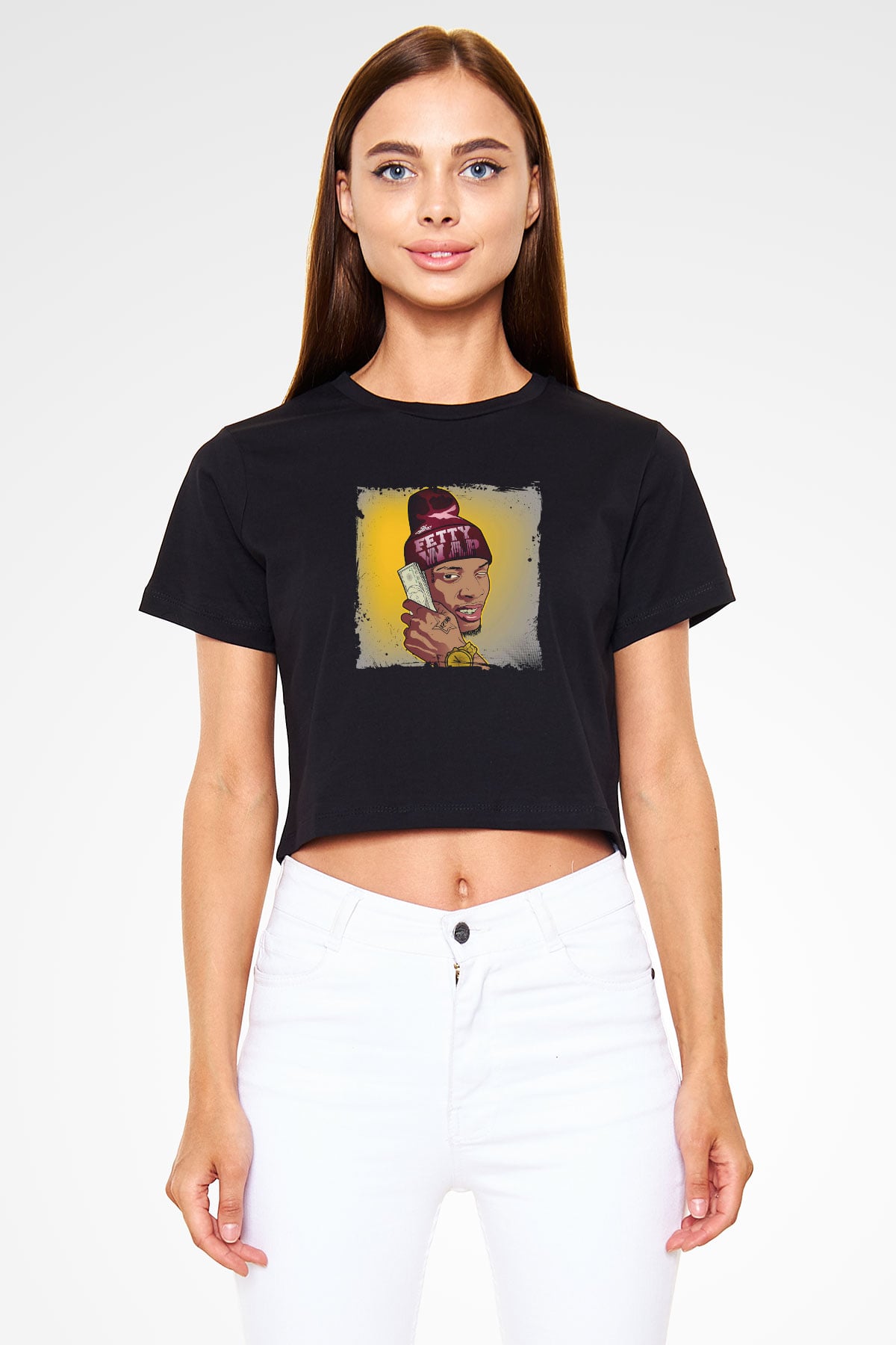 August Alsina Baskılı Crop Top Siyah Kadın Tişört