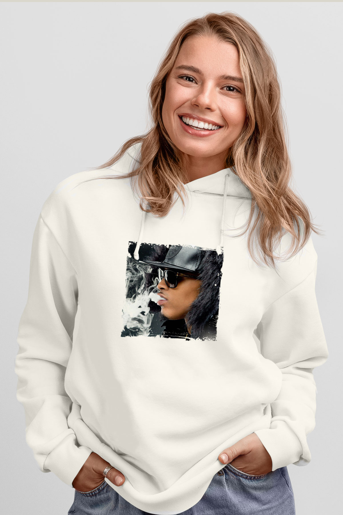August Alsina Baskılı Unisex Beyaz Hoodie