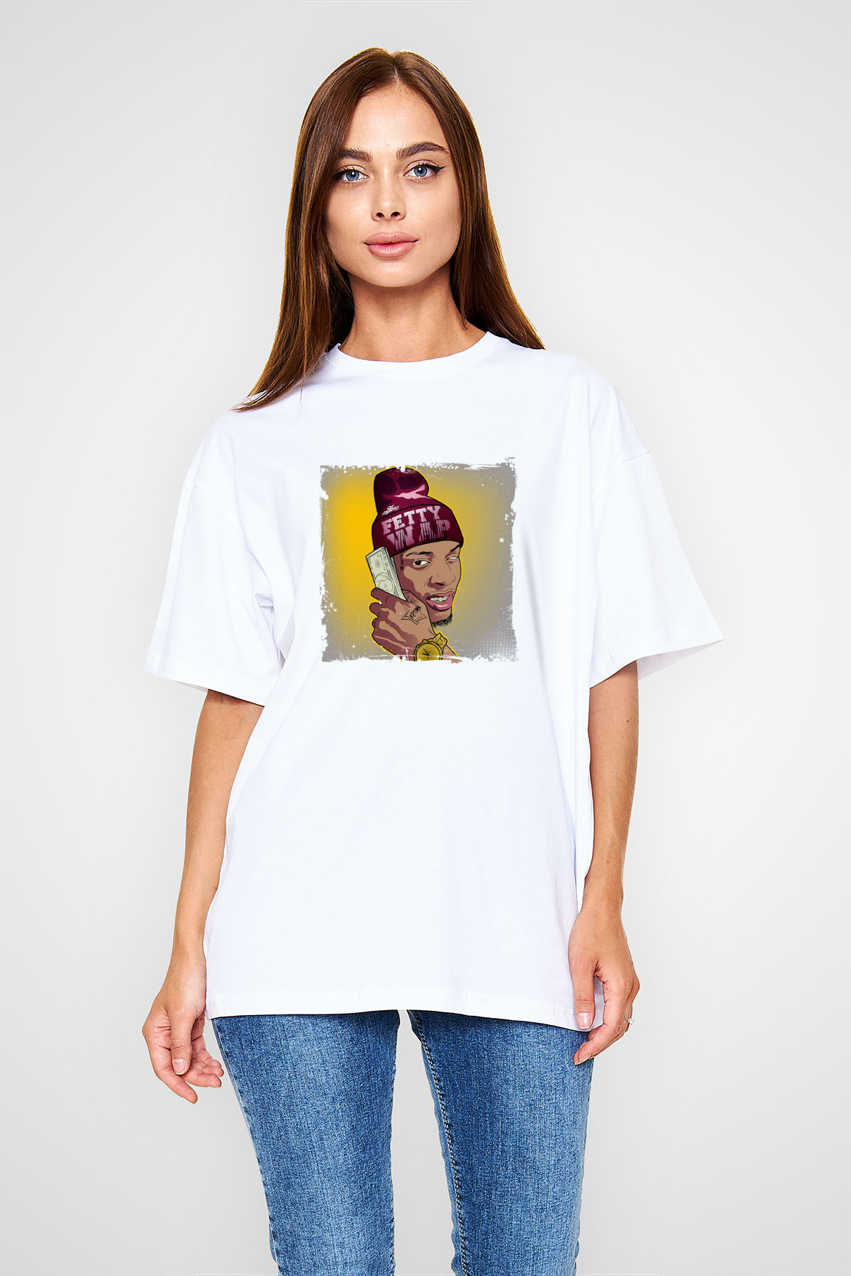 August Alsina Baskılı Oversize Beyaz Tişört