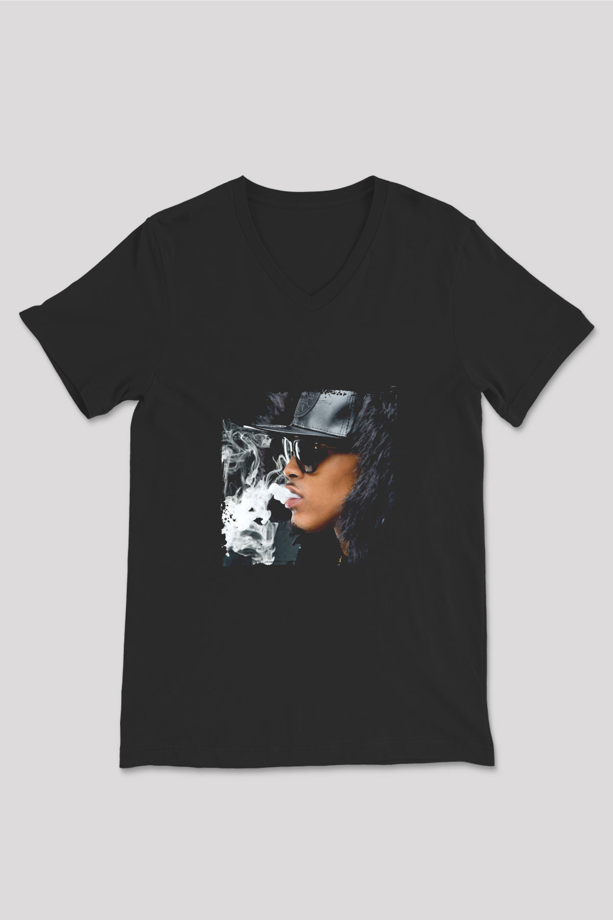 August Alsina Baskılı Unisex Siyah V Yaka Tişört