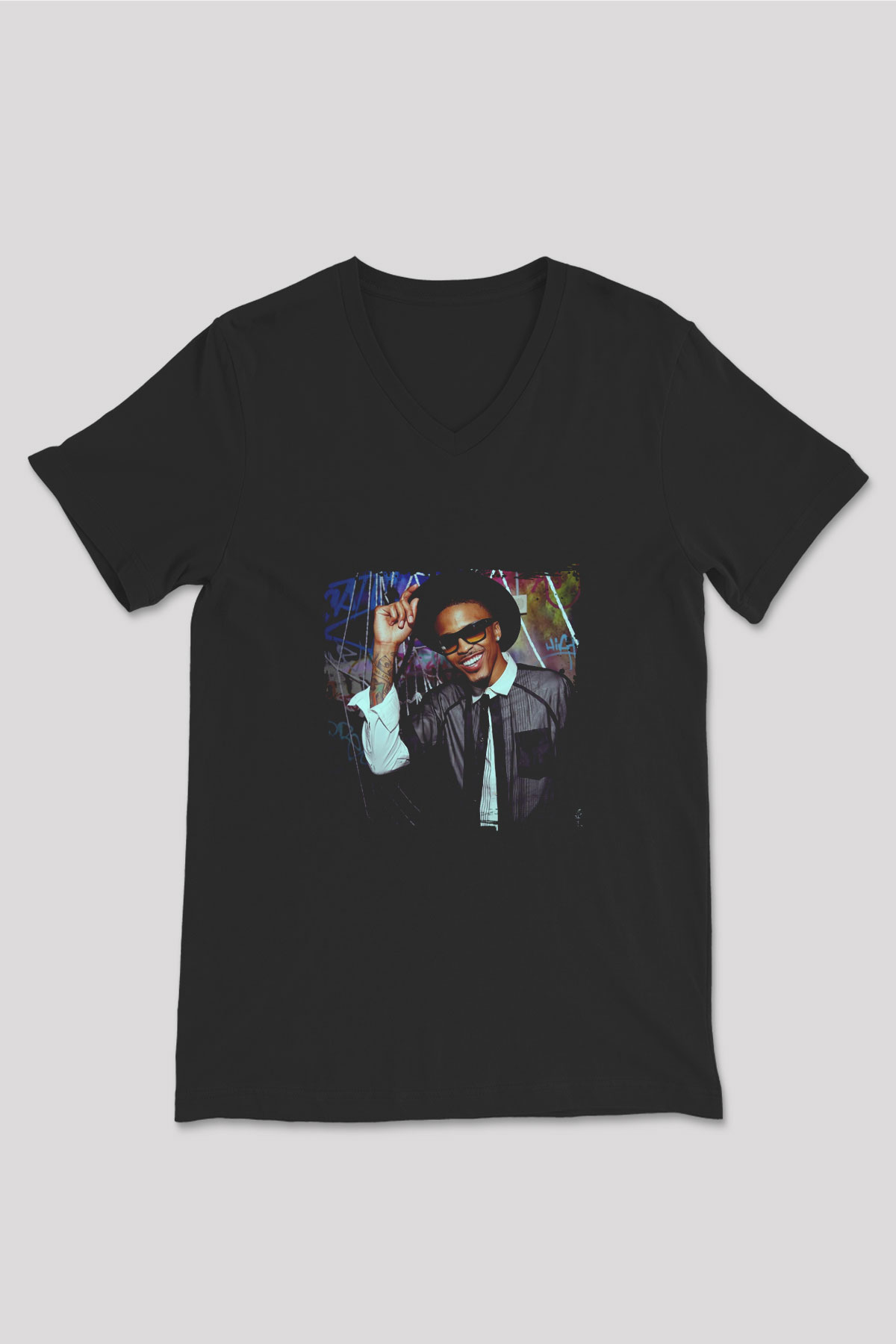 August Alsina Baskılı Unisex Siyah V Yaka Tişört