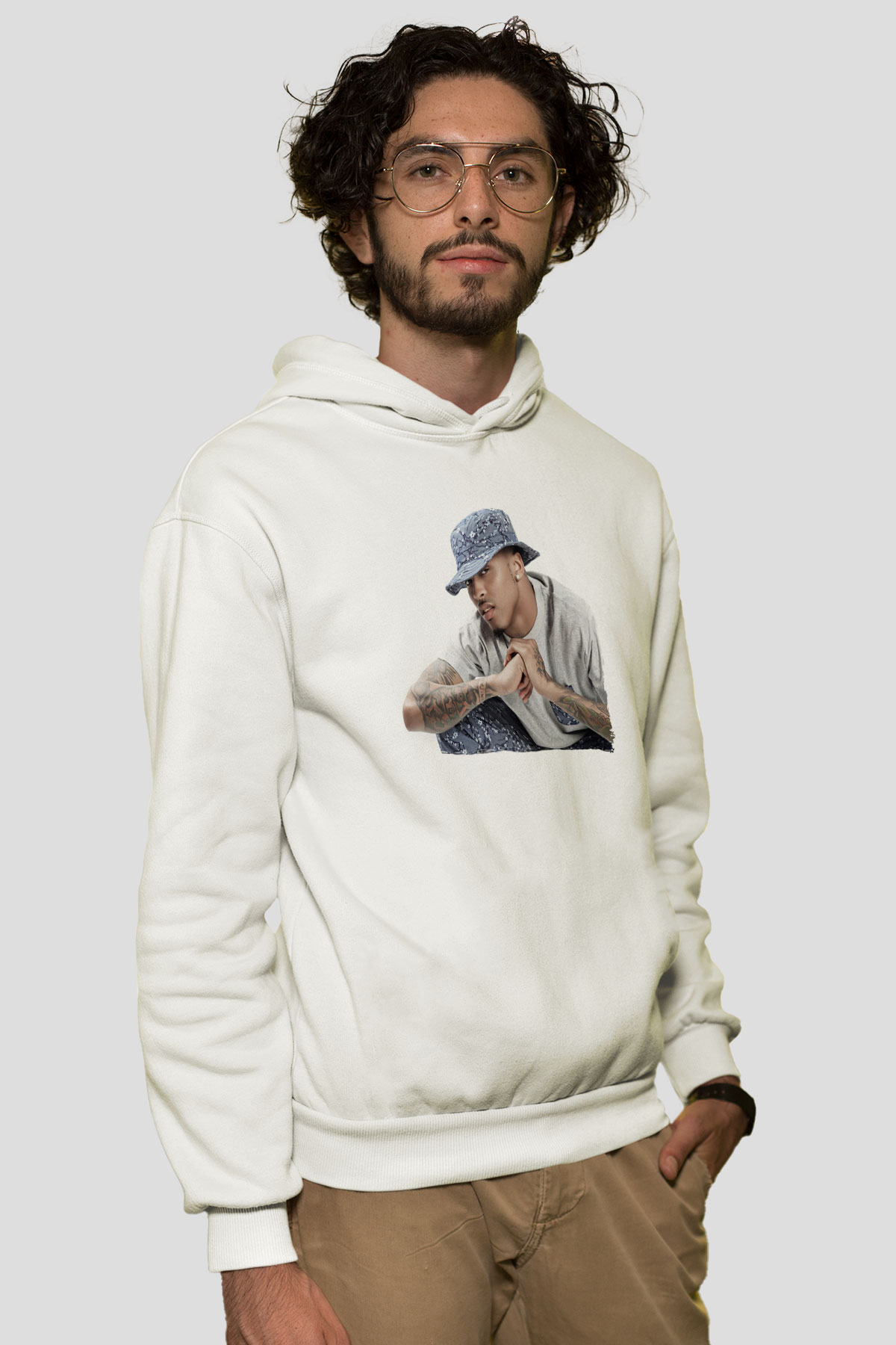 August Alsina Beyaz Unisex Kapüşonlu Sweatshirt