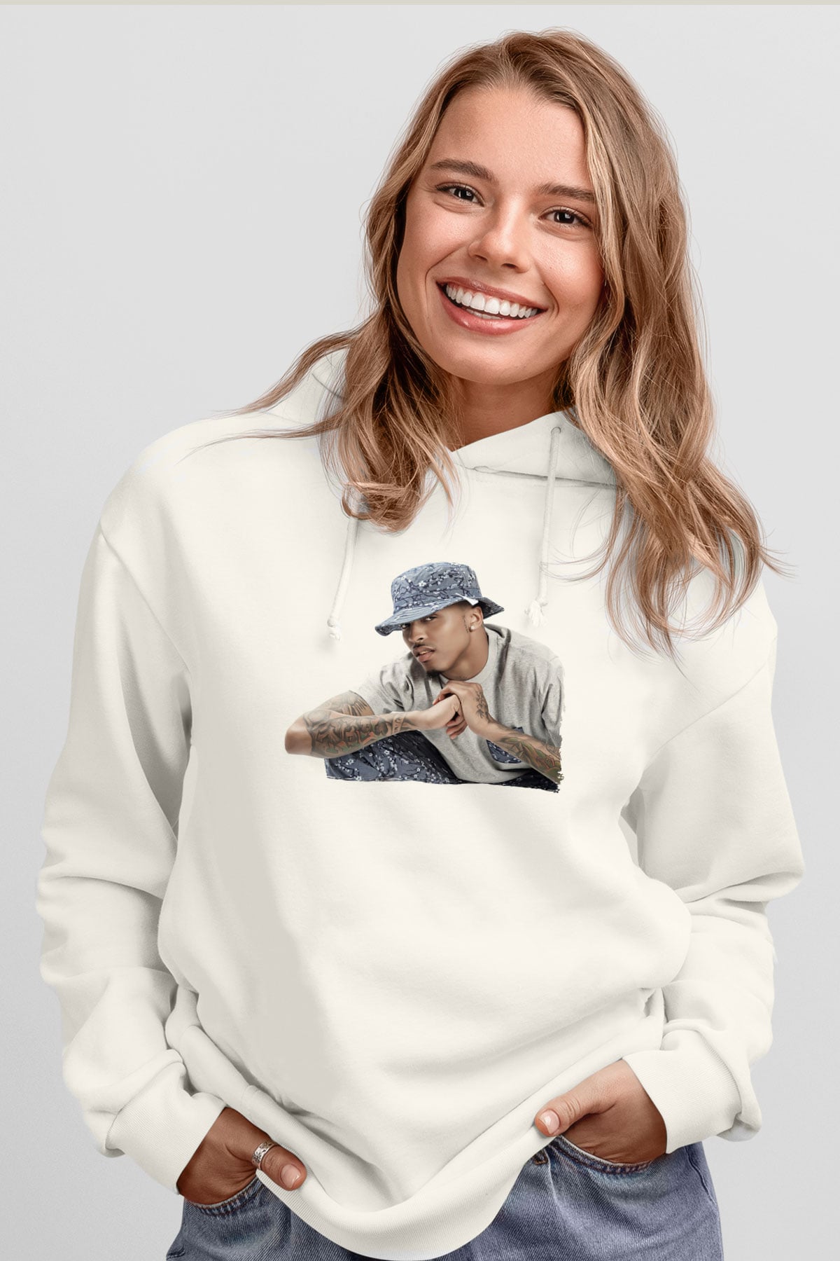 August Alsina Beyaz Unisex Kapüşonlu Sweatshirt