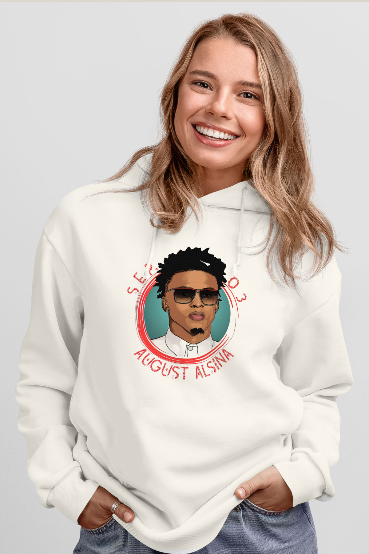 August Alsina Beyaz Unisex Kapüşonlu Sweatshirt