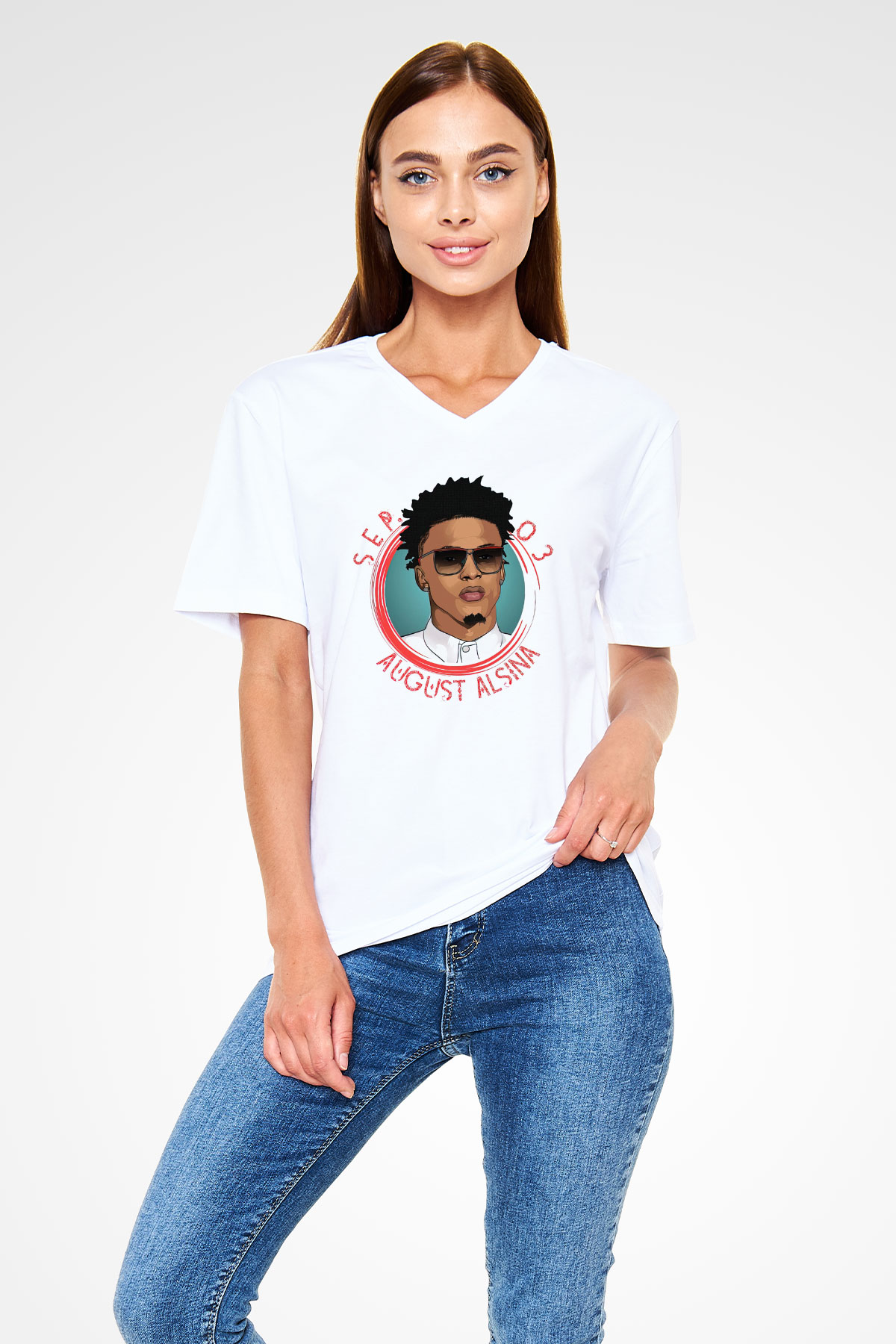 August Alsina Beyaz Unisex V Yaka Tişört