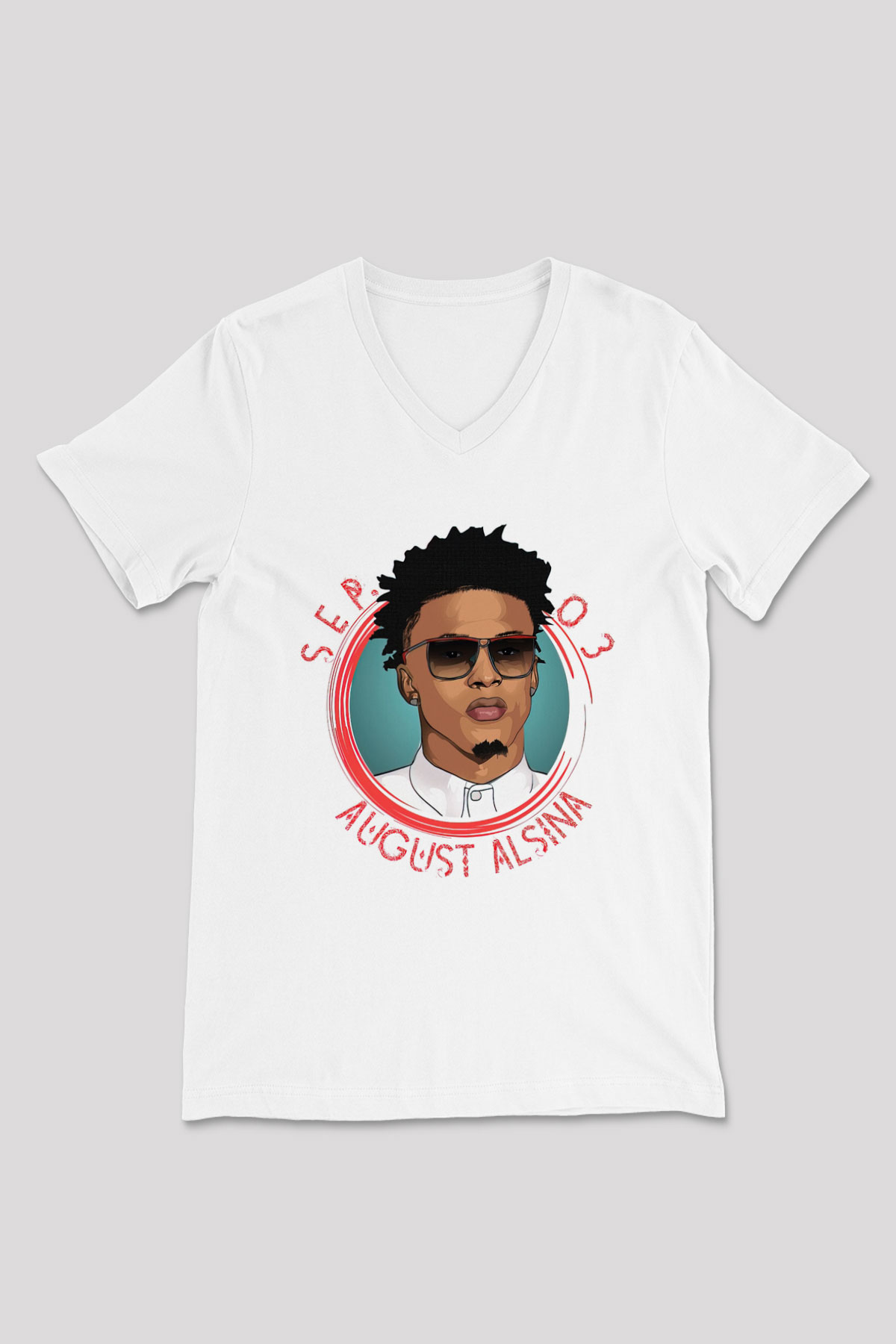 August Alsina Beyaz Unisex V Yaka Tişört