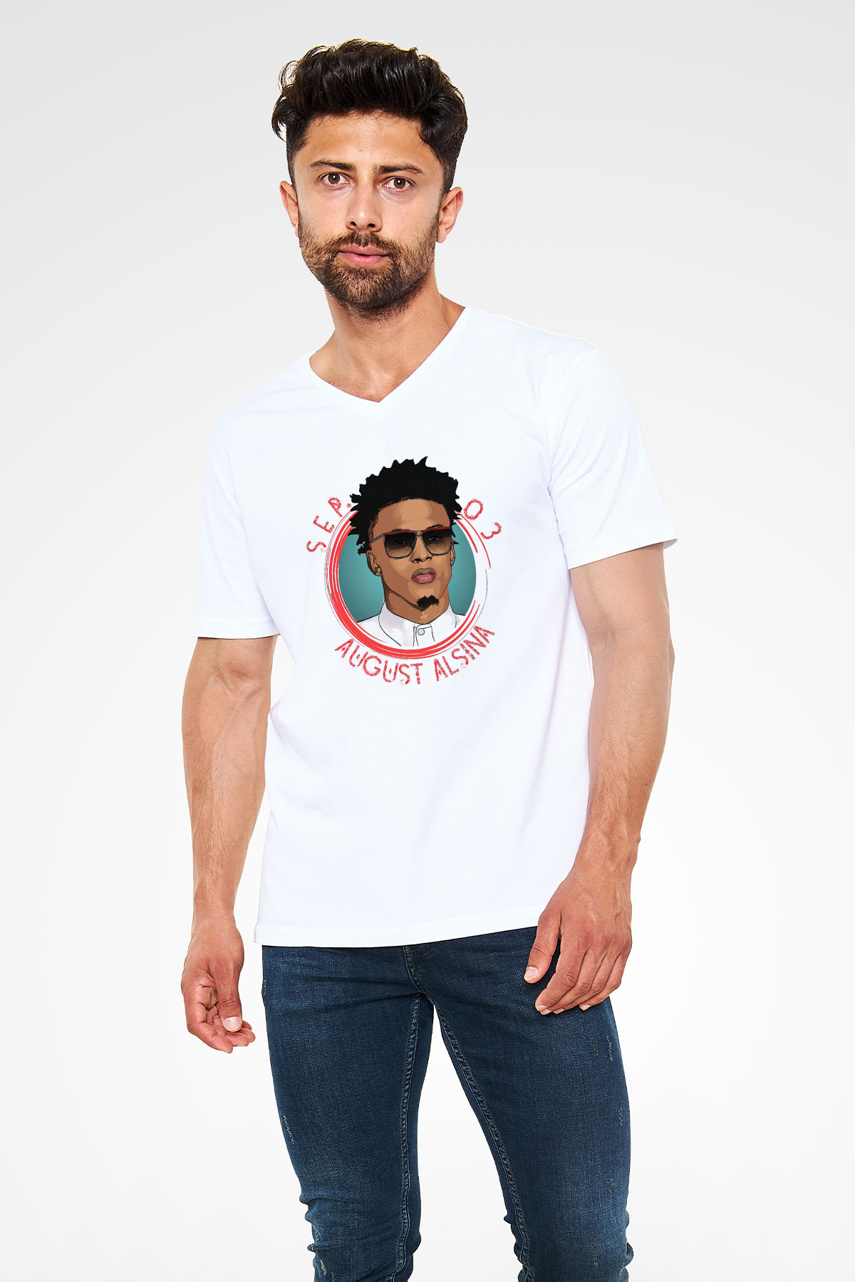 August Alsina Beyaz Unisex V Yaka Tişört