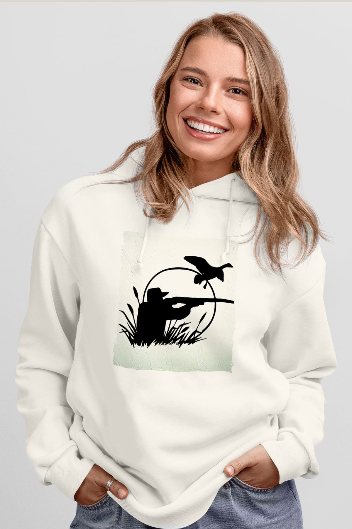Avcı Beyaz Unisex Kapüşonlu Sweatshirt