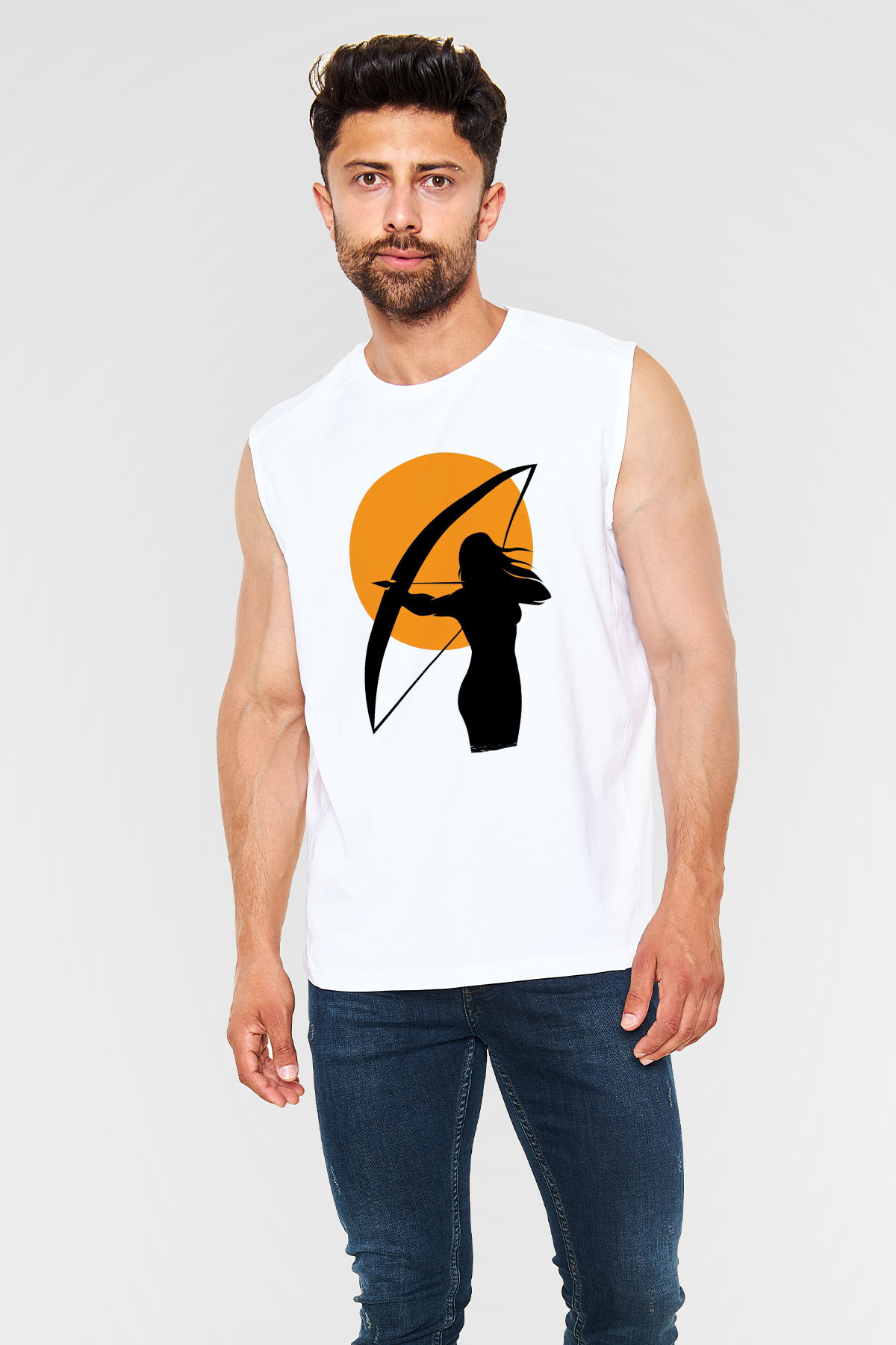 Avcı Beyaz Unisex Kolsuz Tişört