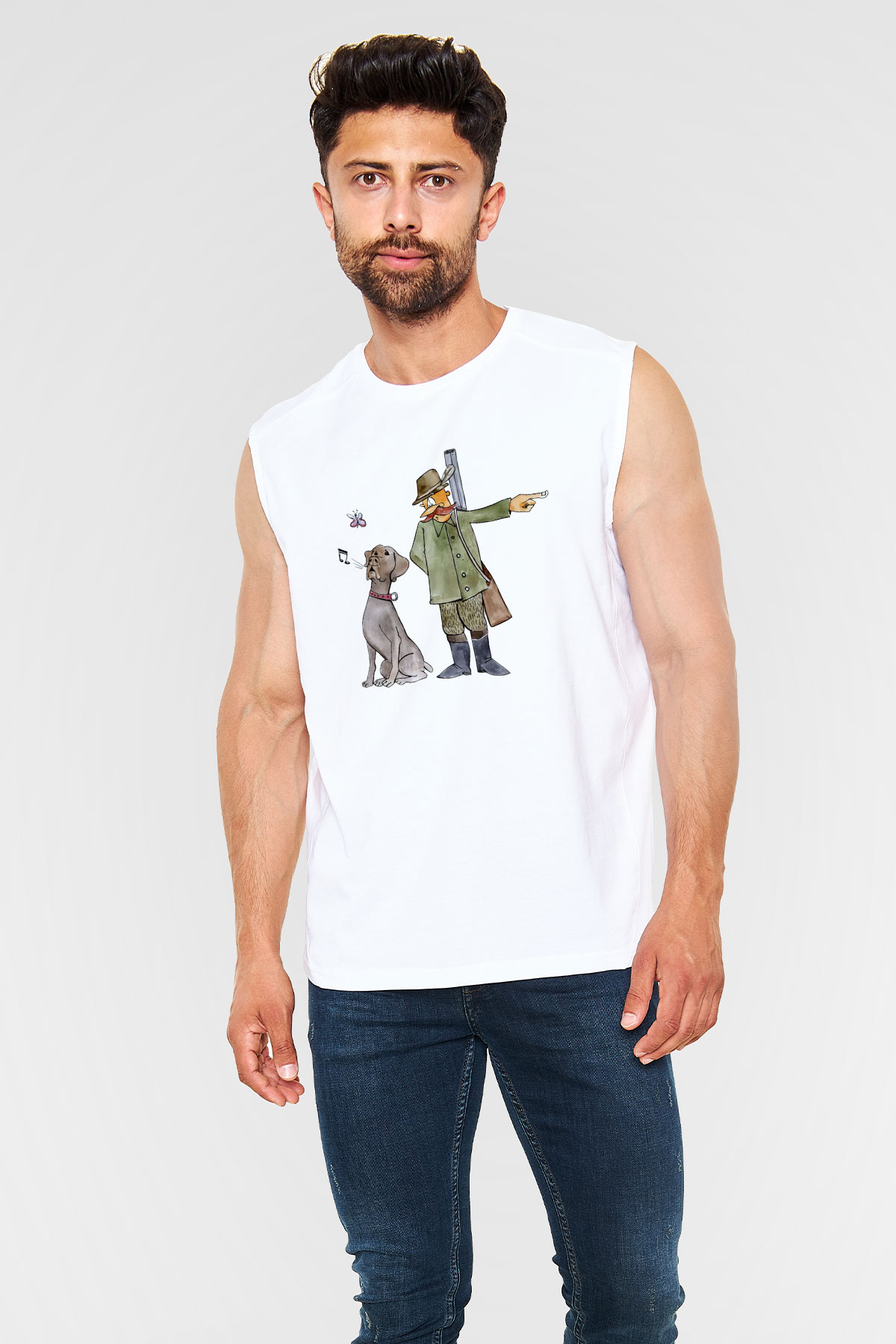 Avcı Beyaz Unisex Kolsuz Tişört