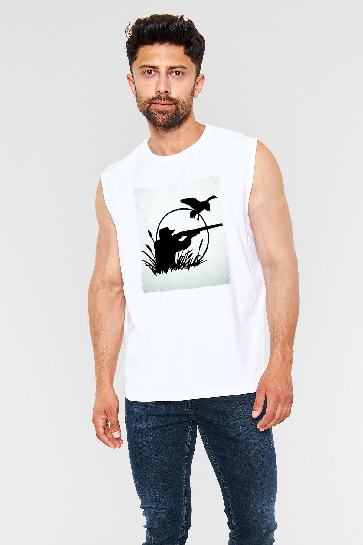 Avcı Beyaz Unisex Kolsuz Tişört
