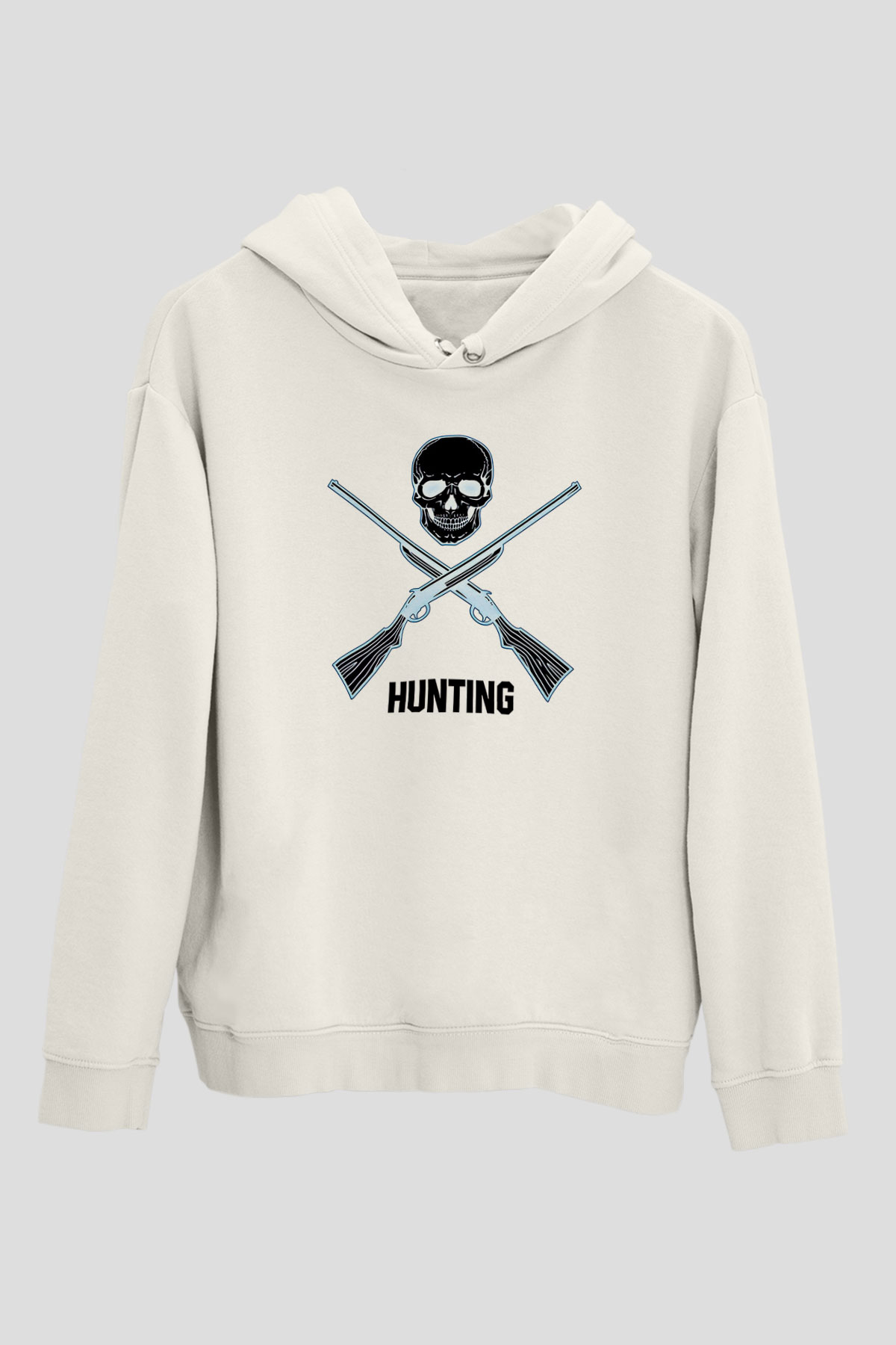 Avcılık Baskılı Unisex Ekru Hoodie