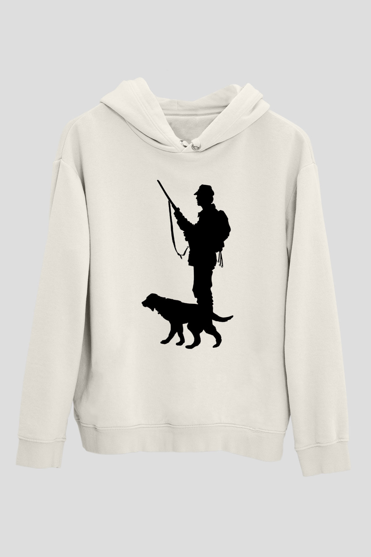 Avcılık Baskılı Unisex Ekru Hoodie