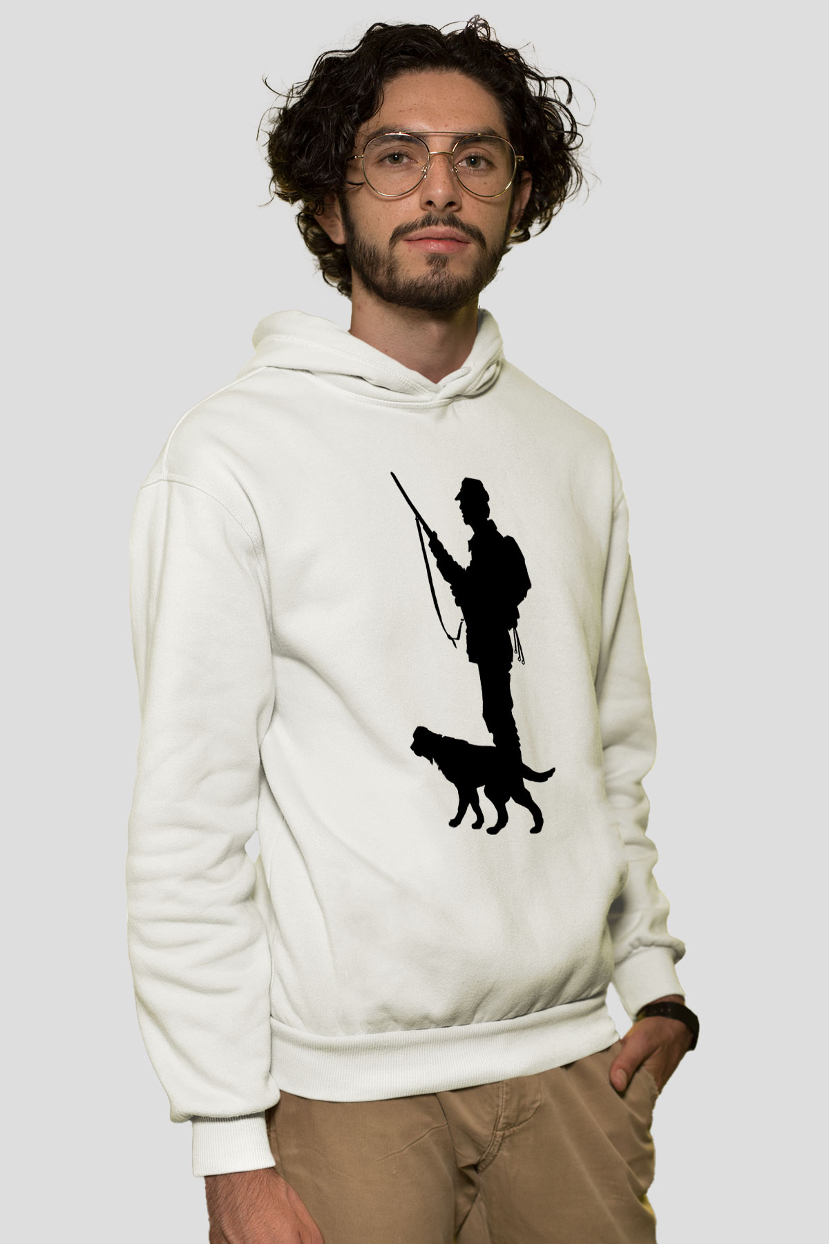 Avcılık Baskılı Unisex Ekru Hoodie