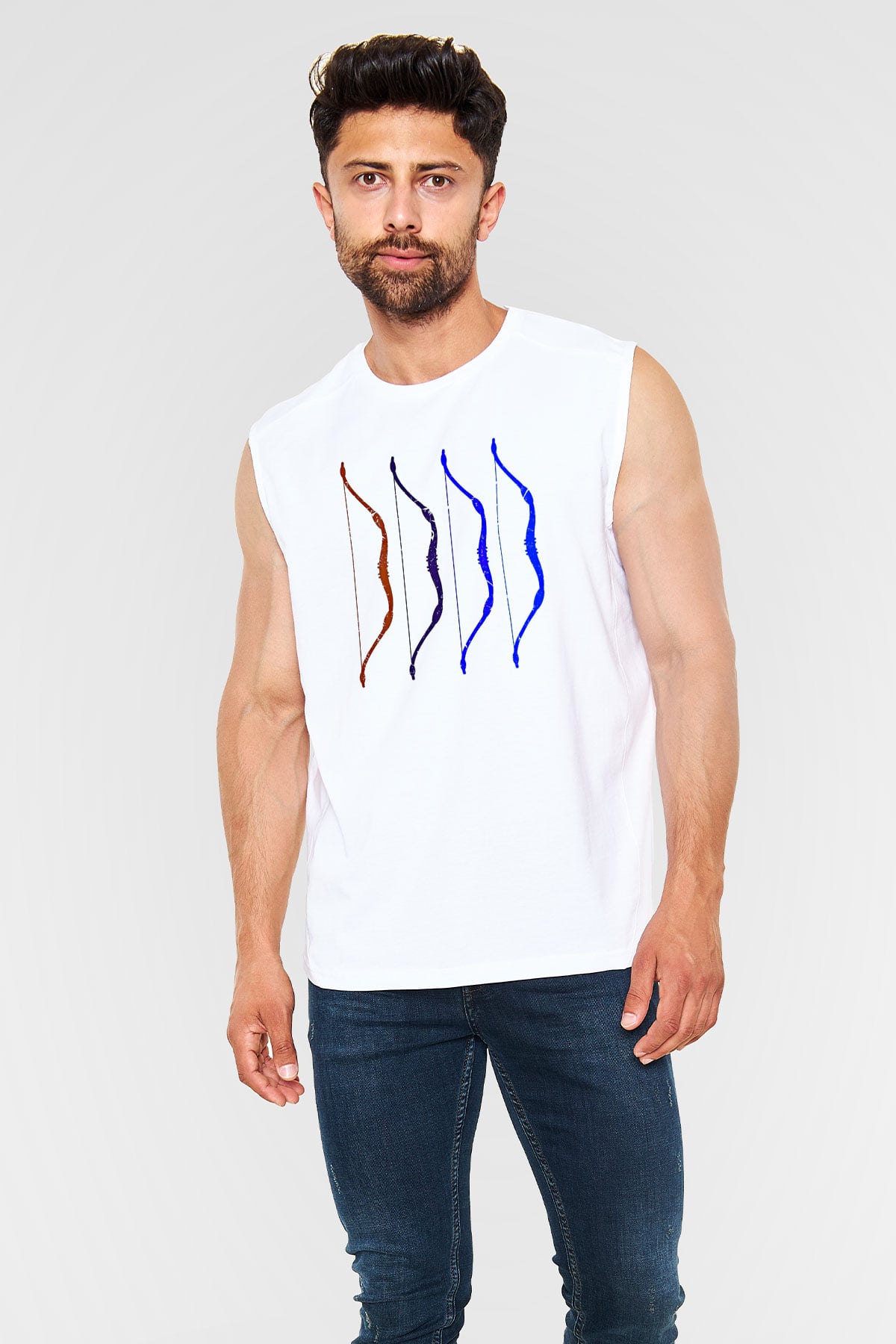 Avcılık Baskılı Unisex Kolsuz Beyaz Tişört
