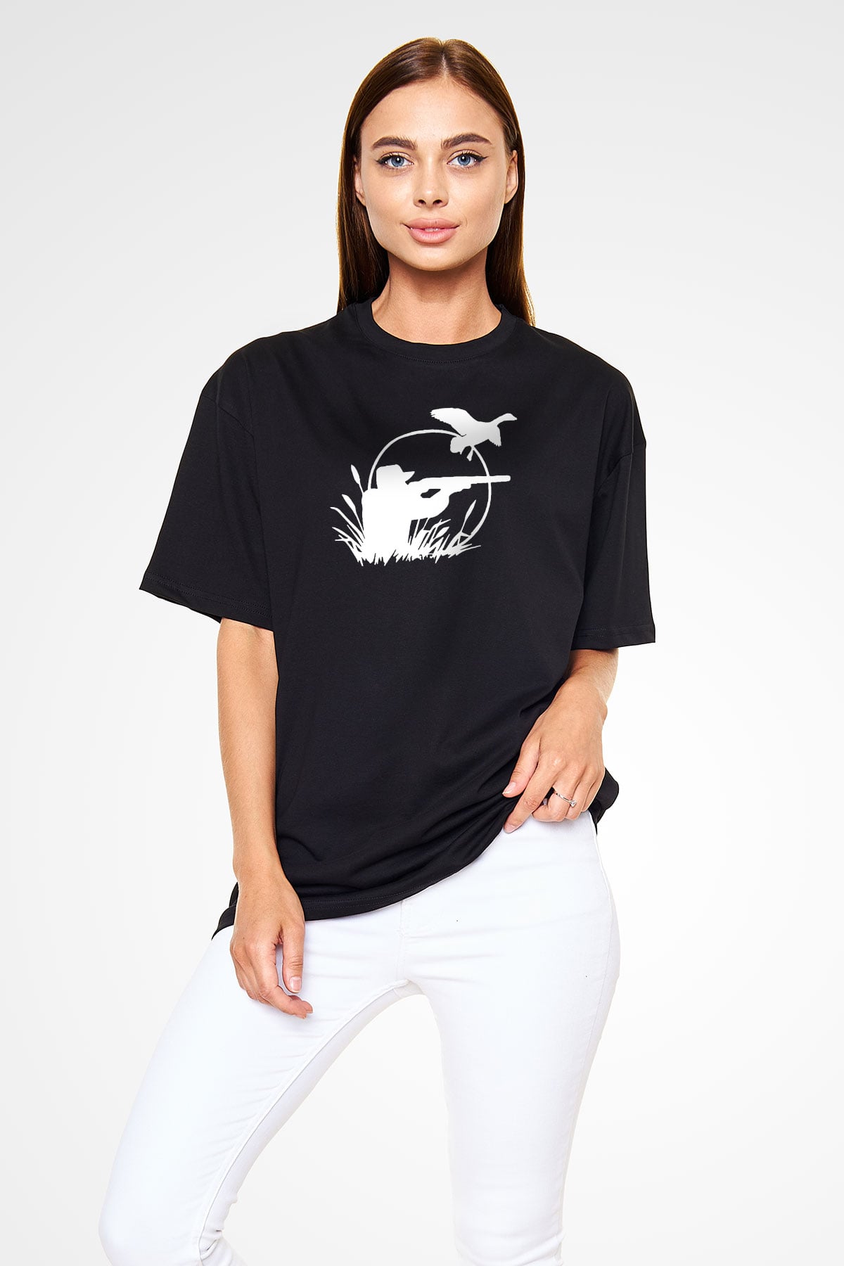Avcılık - Hunting Baskılı Unisex Siyah Oversize Tişört