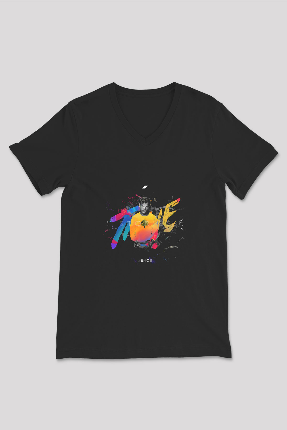 Avicii Baskılı Unisex Siyah V Yaka Tişört
