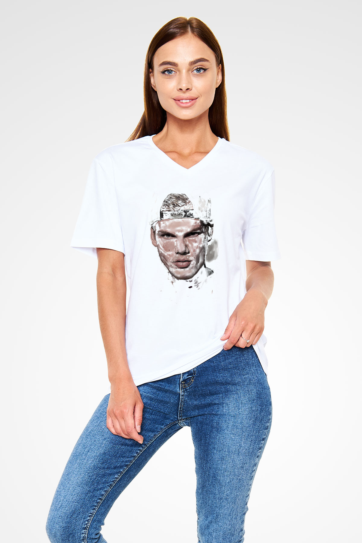 Avicii Beyaz Unisex V Yaka Tişört