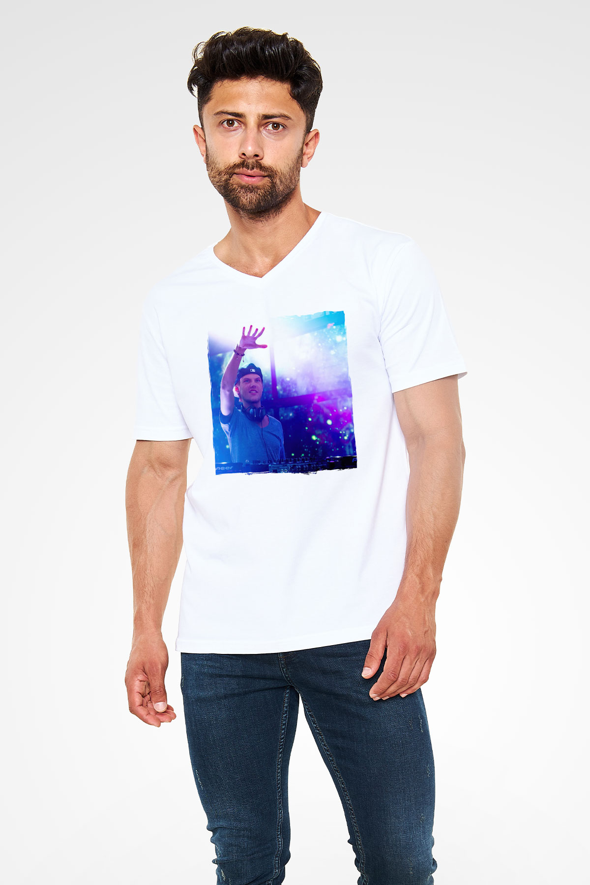 Avicii Beyaz Unisex V Yaka Tişört