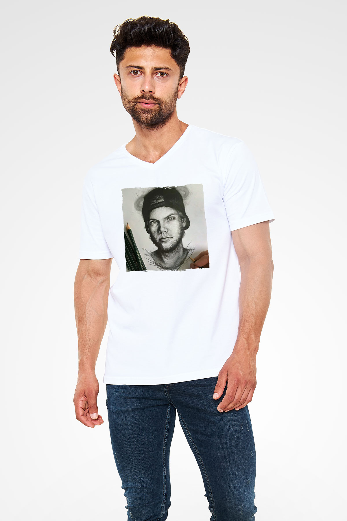 Avicii Beyaz Unisex V Yaka Tişört