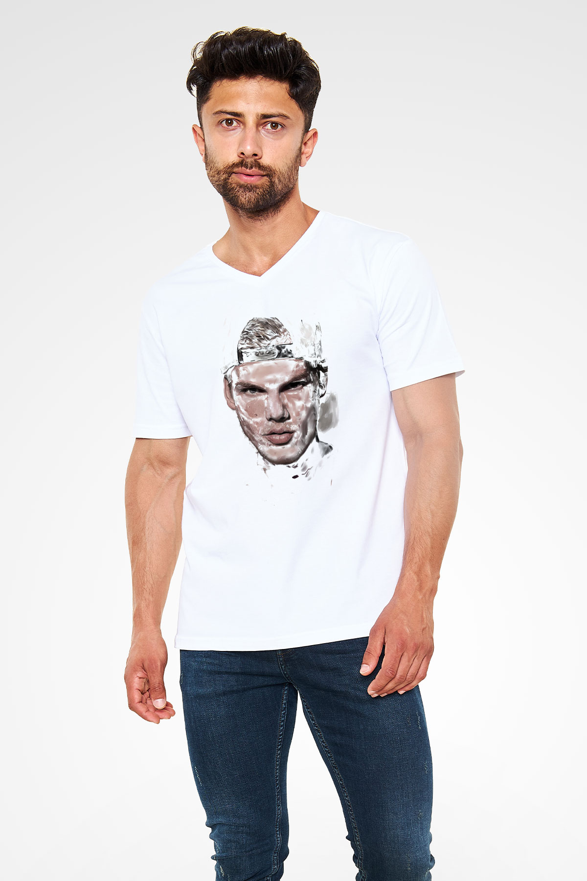 Avicii Beyaz Unisex V Yaka Tişört