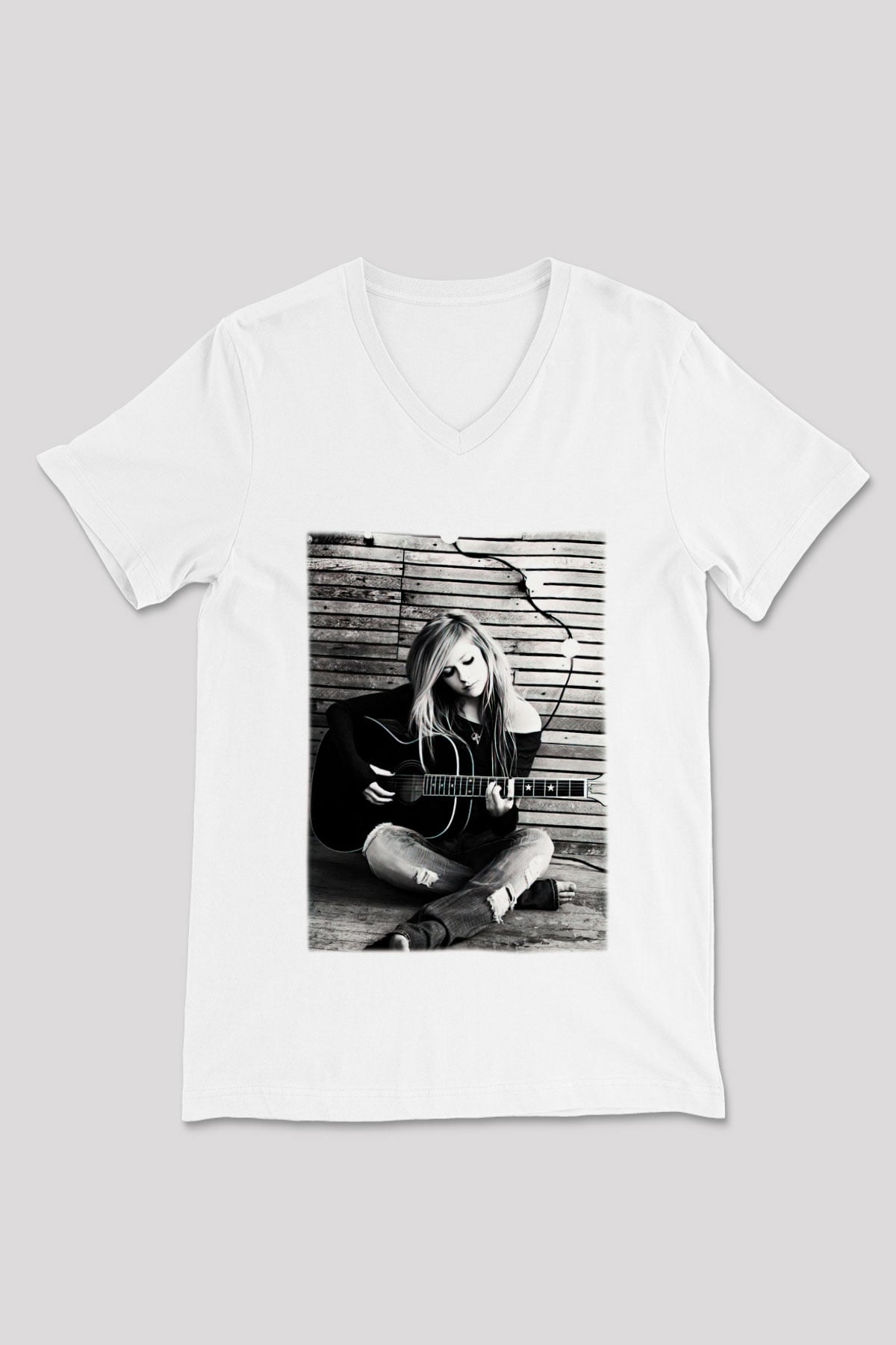 Avril Lavigne Beyaz Unisex V Yaka Tişört T-Shirt