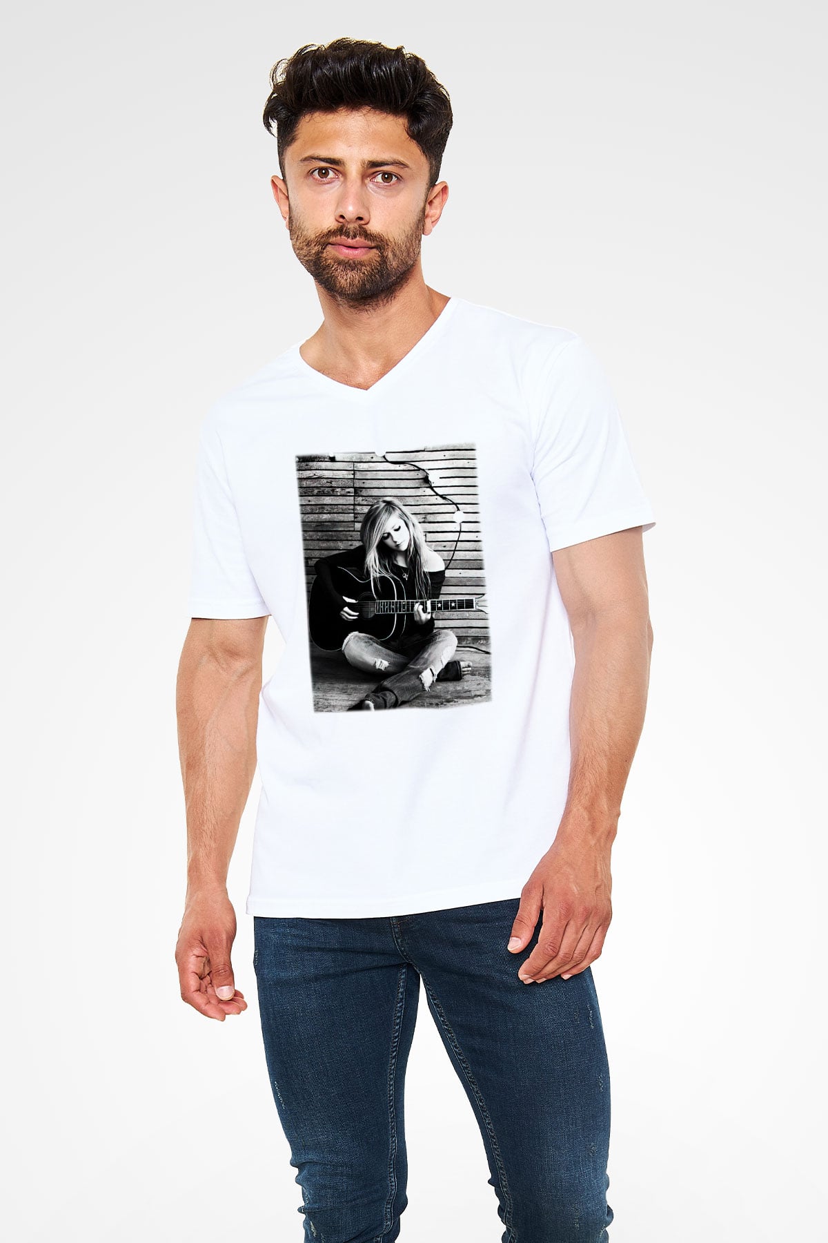 Avril Lavigne Beyaz Unisex V Yaka Tişört T-Shirt