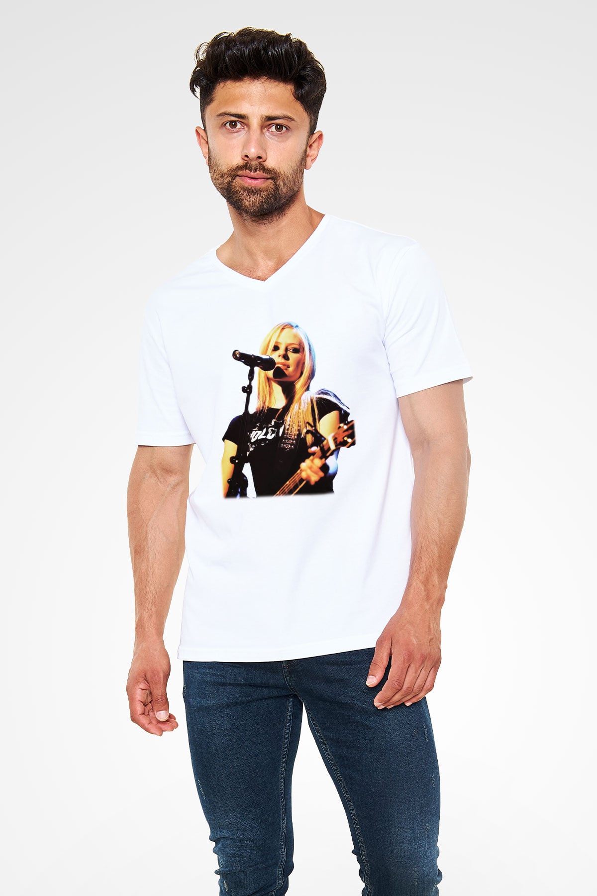 Avril Lavigne Beyaz Unisex V Yaka Tişört T-Shirt