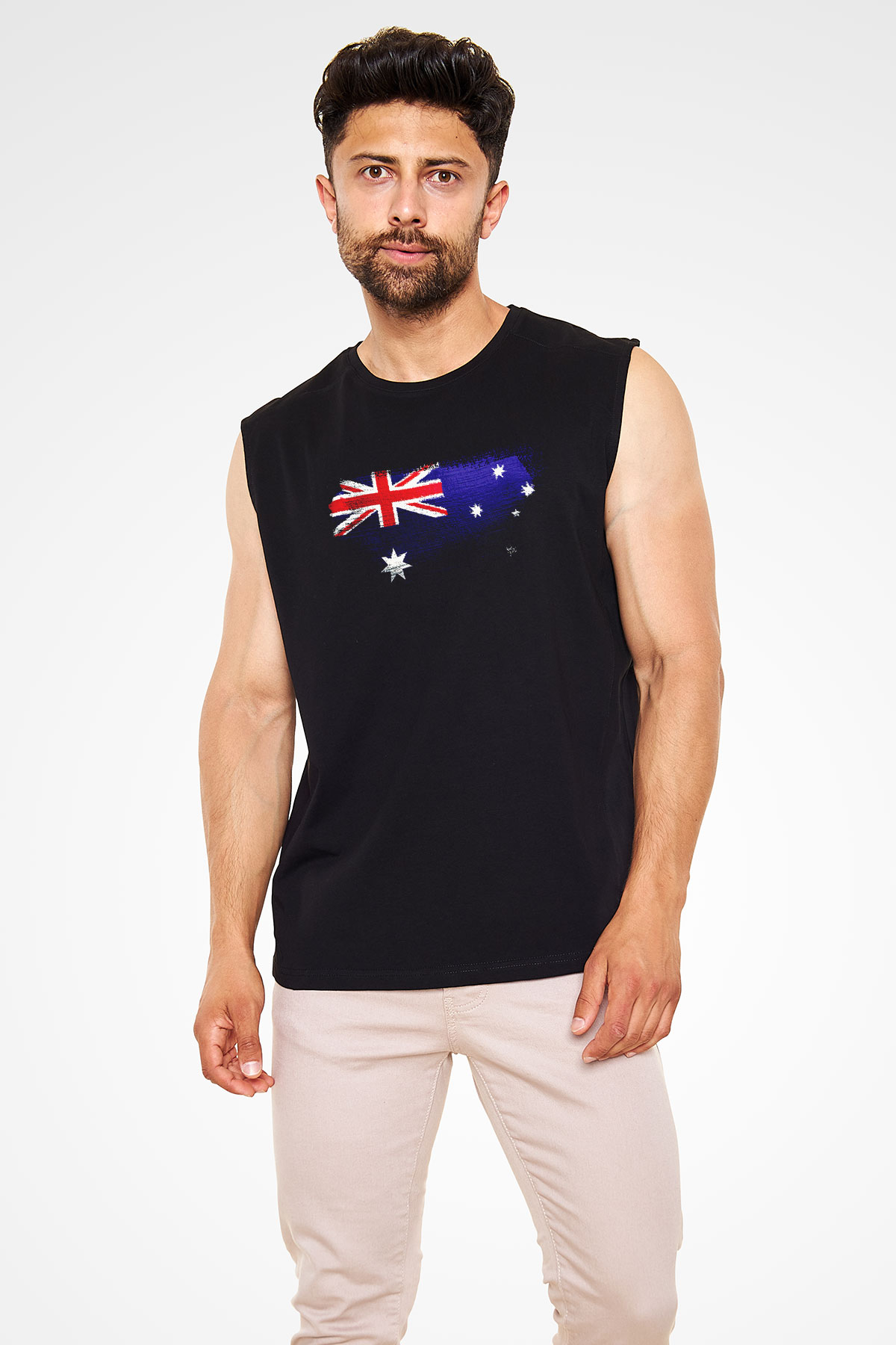 Avustralya - Australia Bayrağı Baskılı Unisex Siyah Kolsuz Tişört