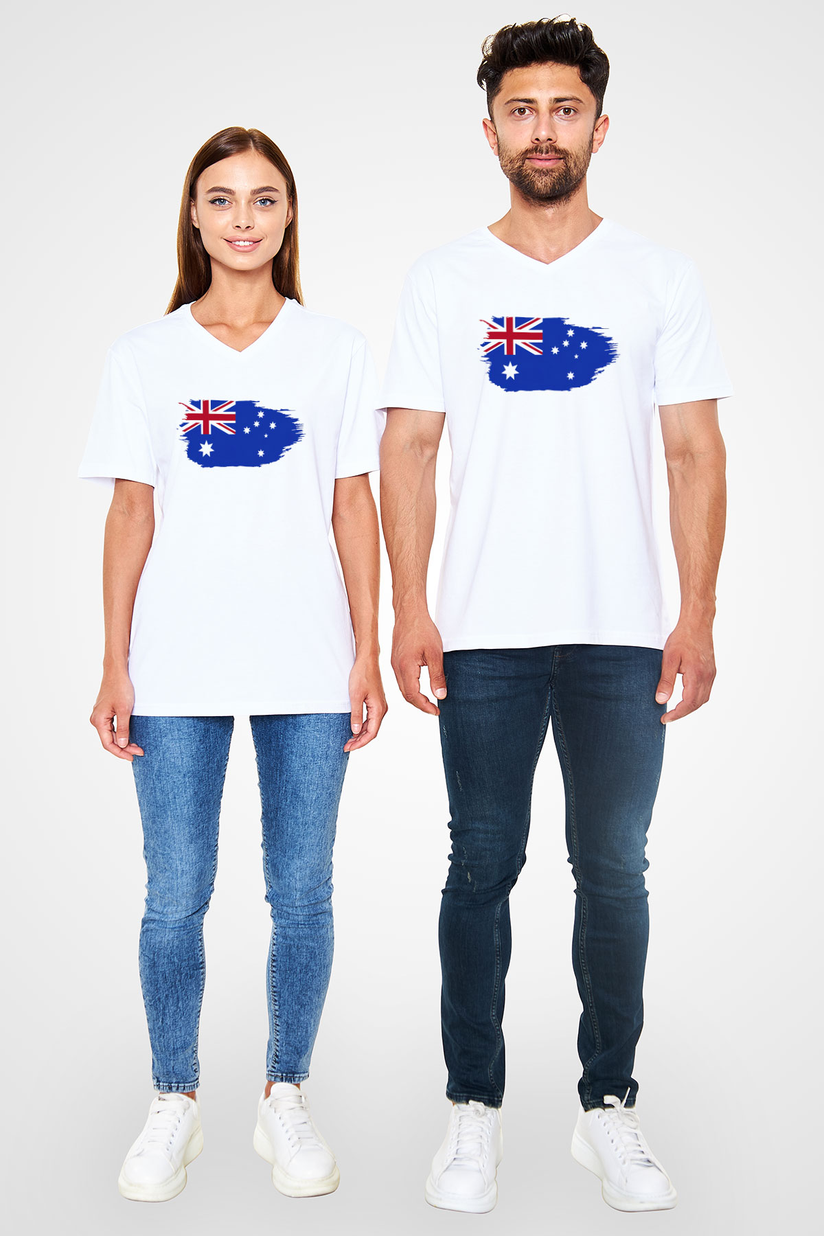 Avustralya Beyaz Unisex V Yaka Tişört T-Shirt