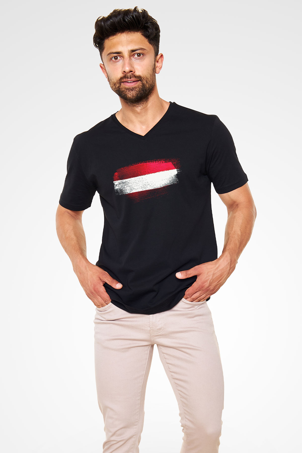 Avusturya - Austria Bayrağı Baskılı Unisex Siyah V Yaka Tişört