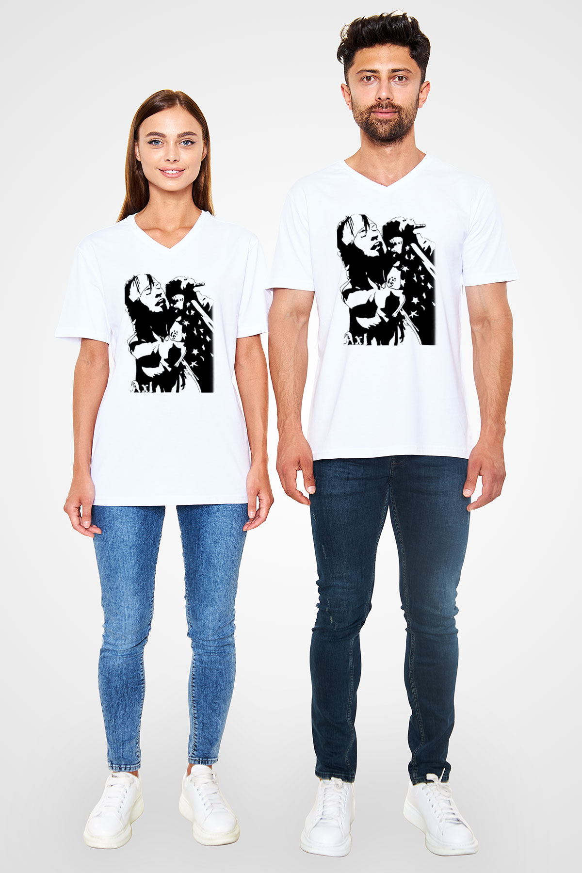 Axl Rose Beyaz Unisex V Yaka Tişört T-Shirt