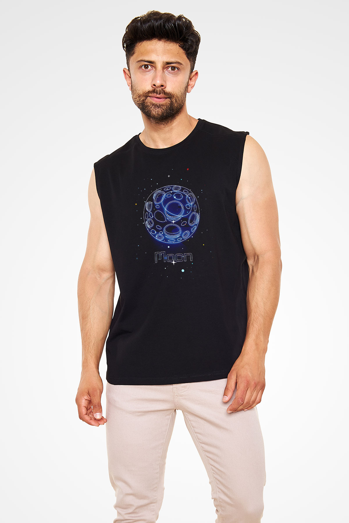 Ay Çizim Baskılı Unisex Kolsuz Siyah Tişört - Tshirt