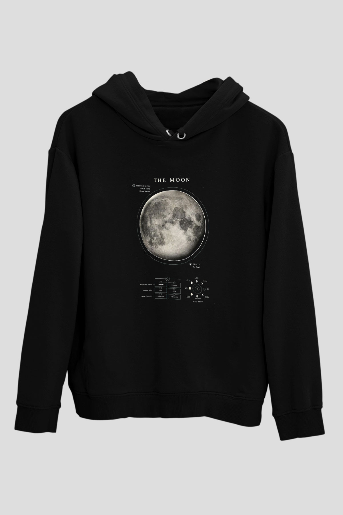 Ay Fiziksel Özellikleri Baskılı Unisex Siyah Hoodie