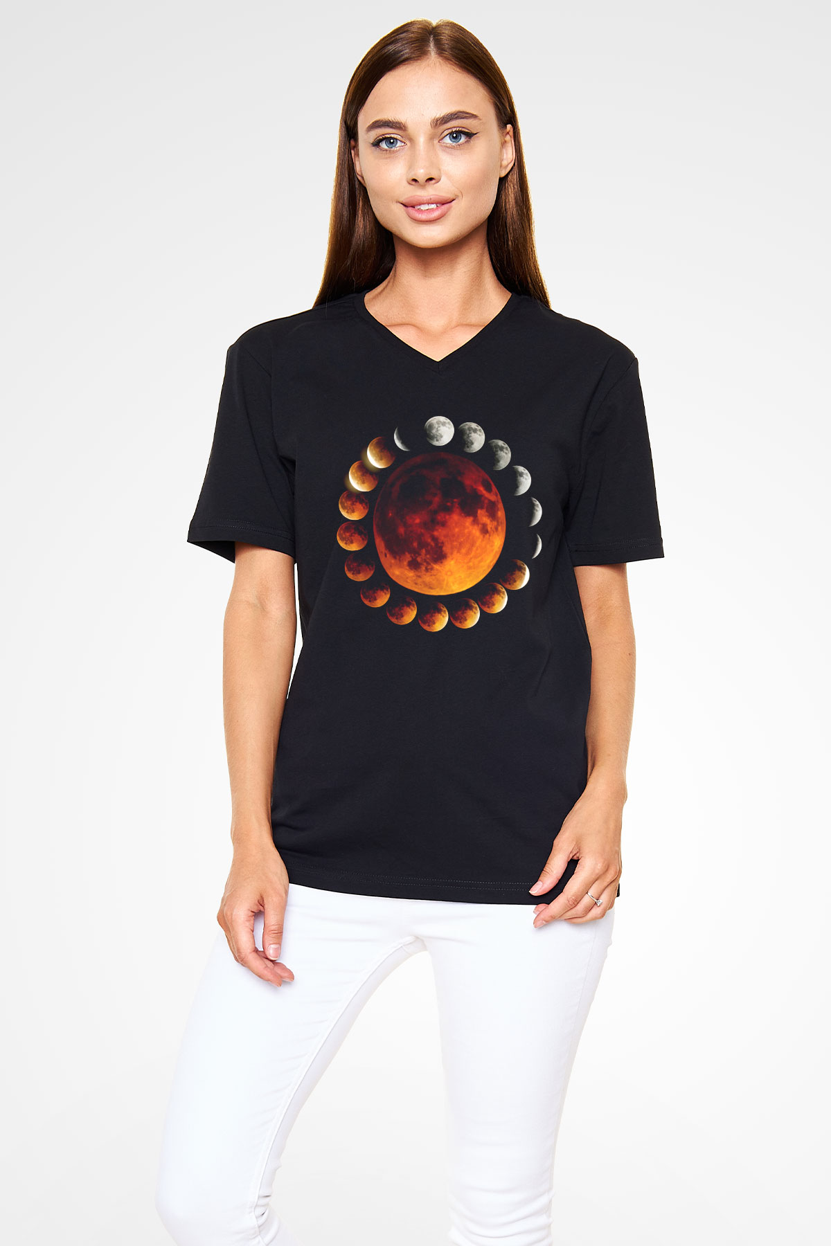 Ay Siyah Unisex V Yaka Tişört T-Shirt