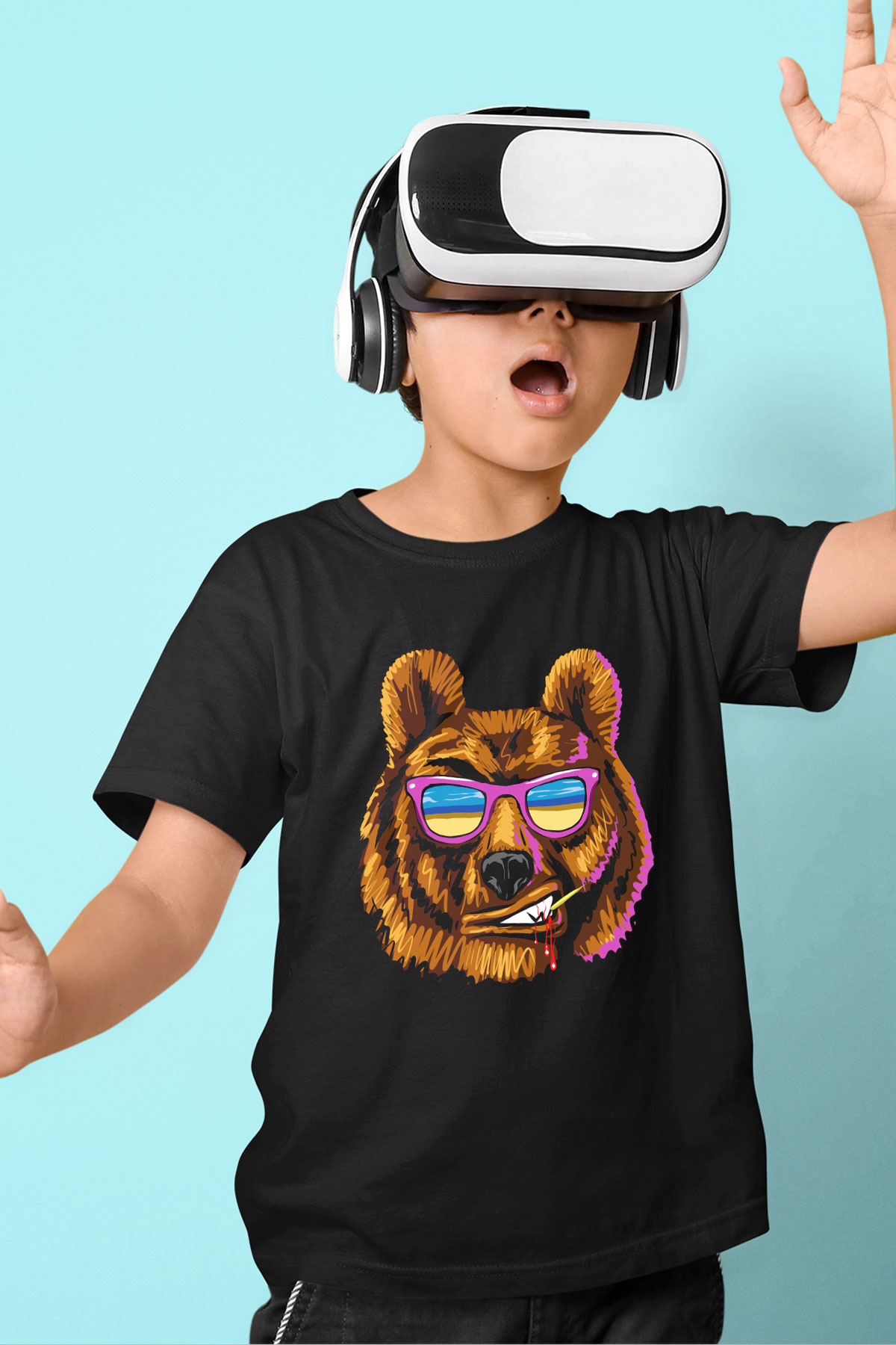 Ayı Baskılı Siyah Unisex Çocuk Tişört
