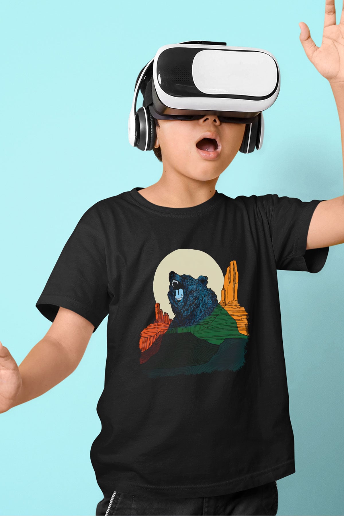 Ayı Baskılı Siyah Unisex Çocuk Tişört