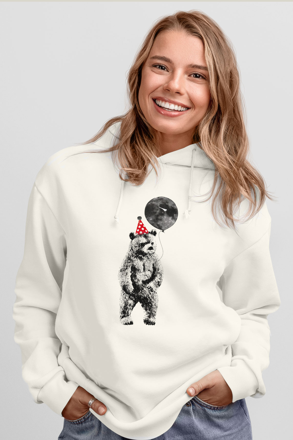 Ayı Beyaz Unisex Kapşonlu Sweatshirt