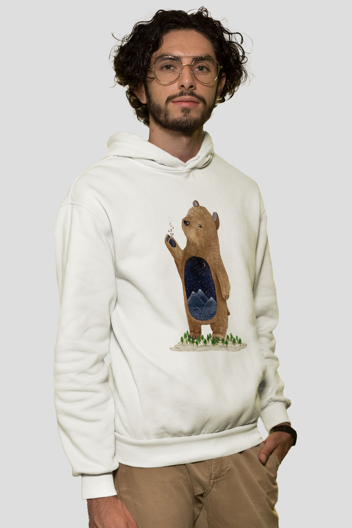 Ayı Beyaz Unisex Kapşonlu Sweatshirt