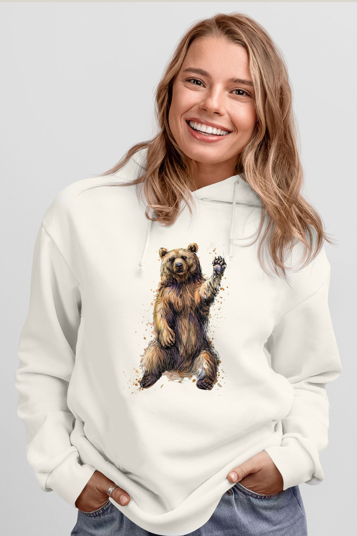 Ayı Beyaz Unisex Kapüşonlu Sweatshirt