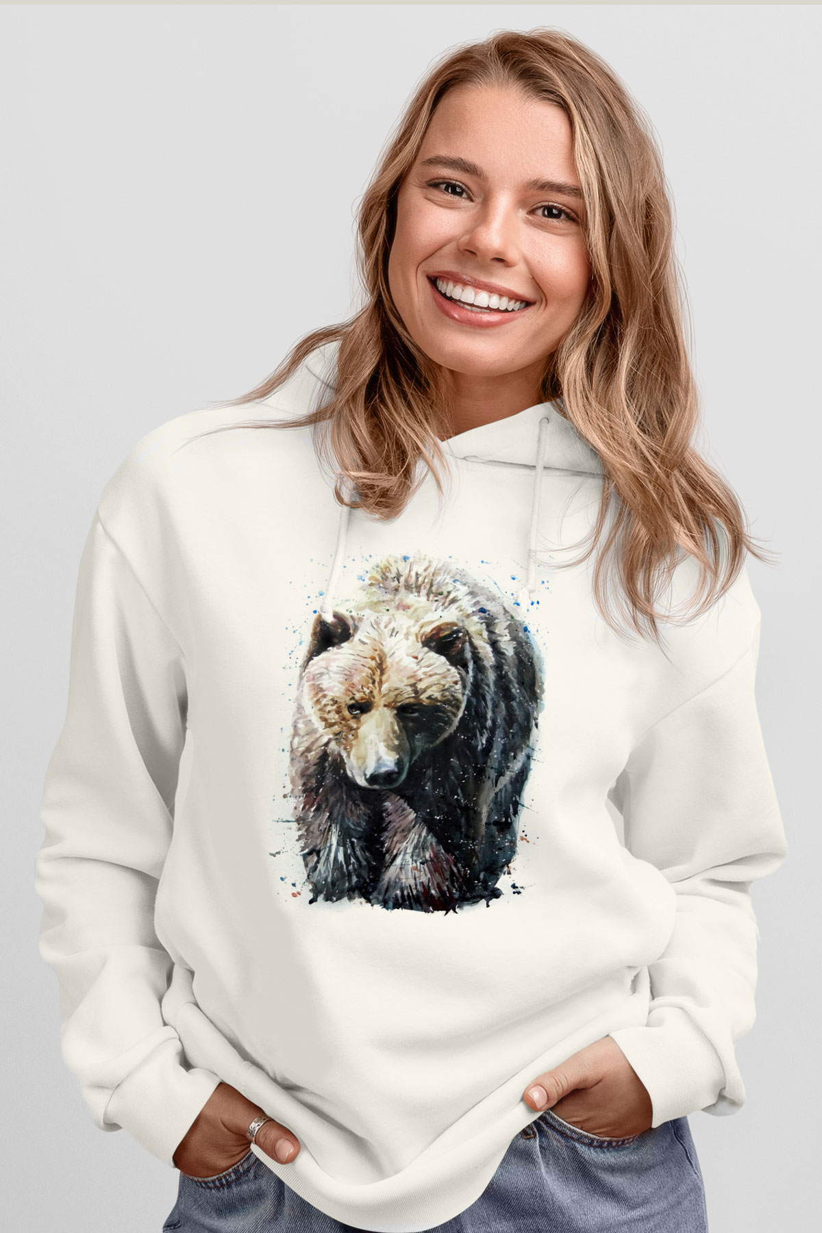 Ayı Beyaz Unisex Kapüşonlu Sweatshirt