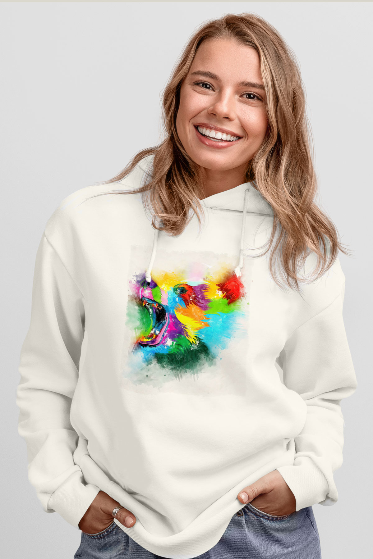 Ayı Beyaz Unisex Kapüşonlu Sweatshirt