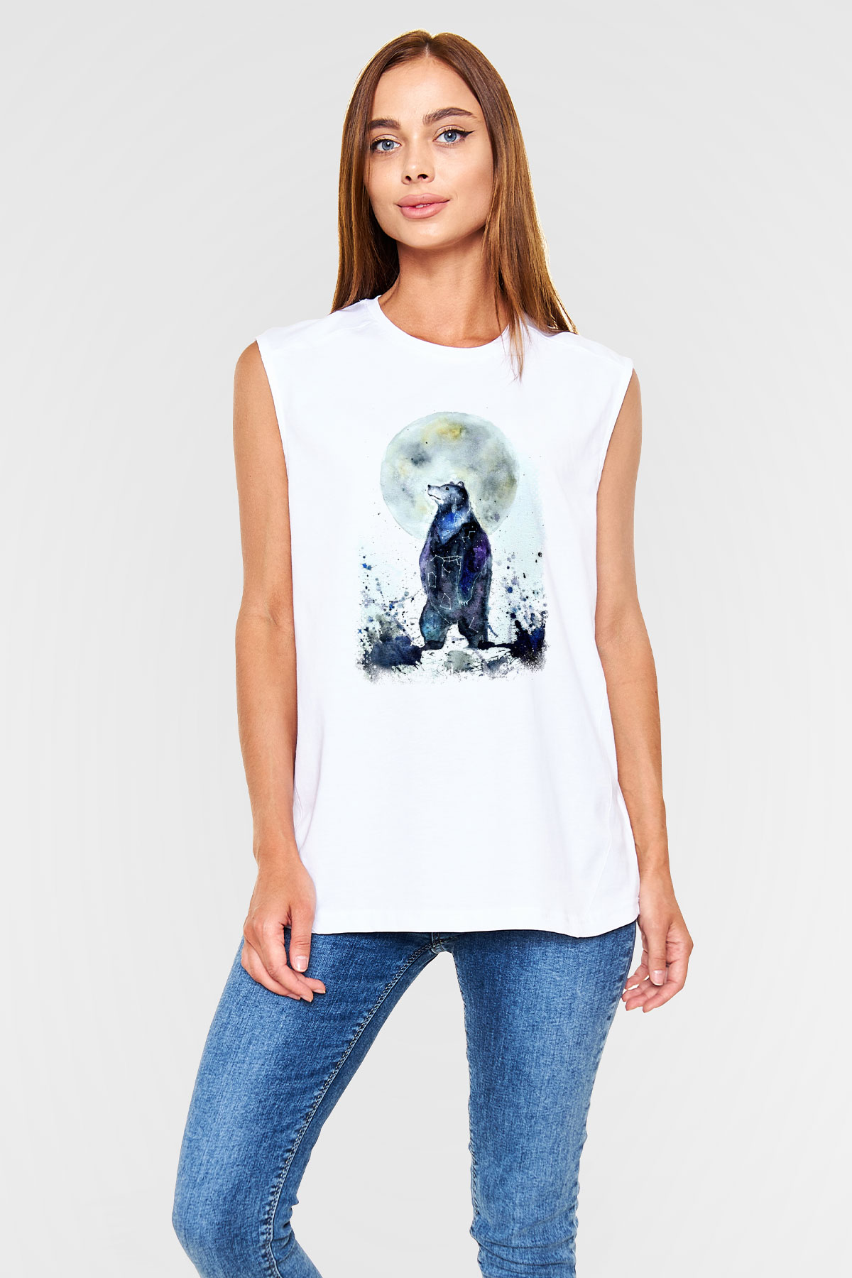 Ayı Beyaz Unisex Kolsuz Tişört