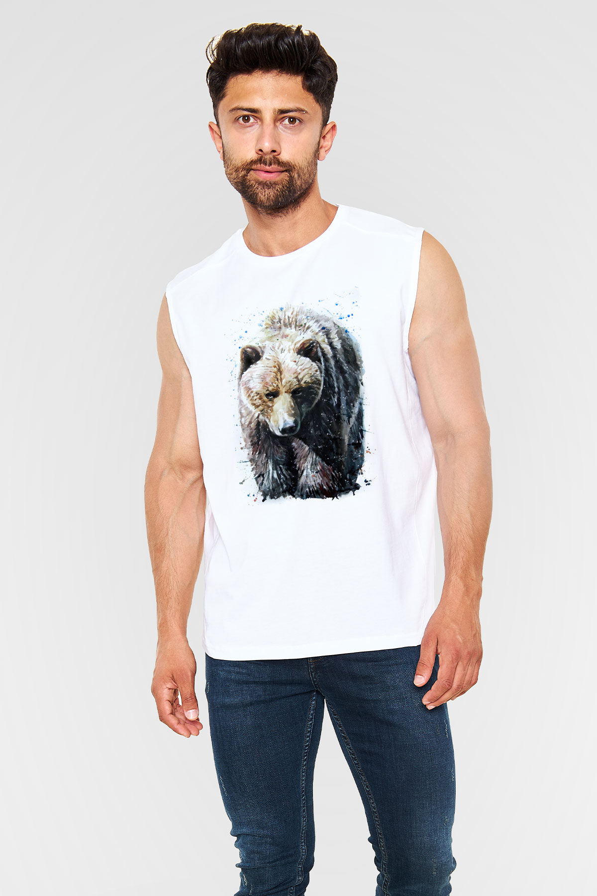 Ayı Beyaz Unisex Kolsuz Tişört