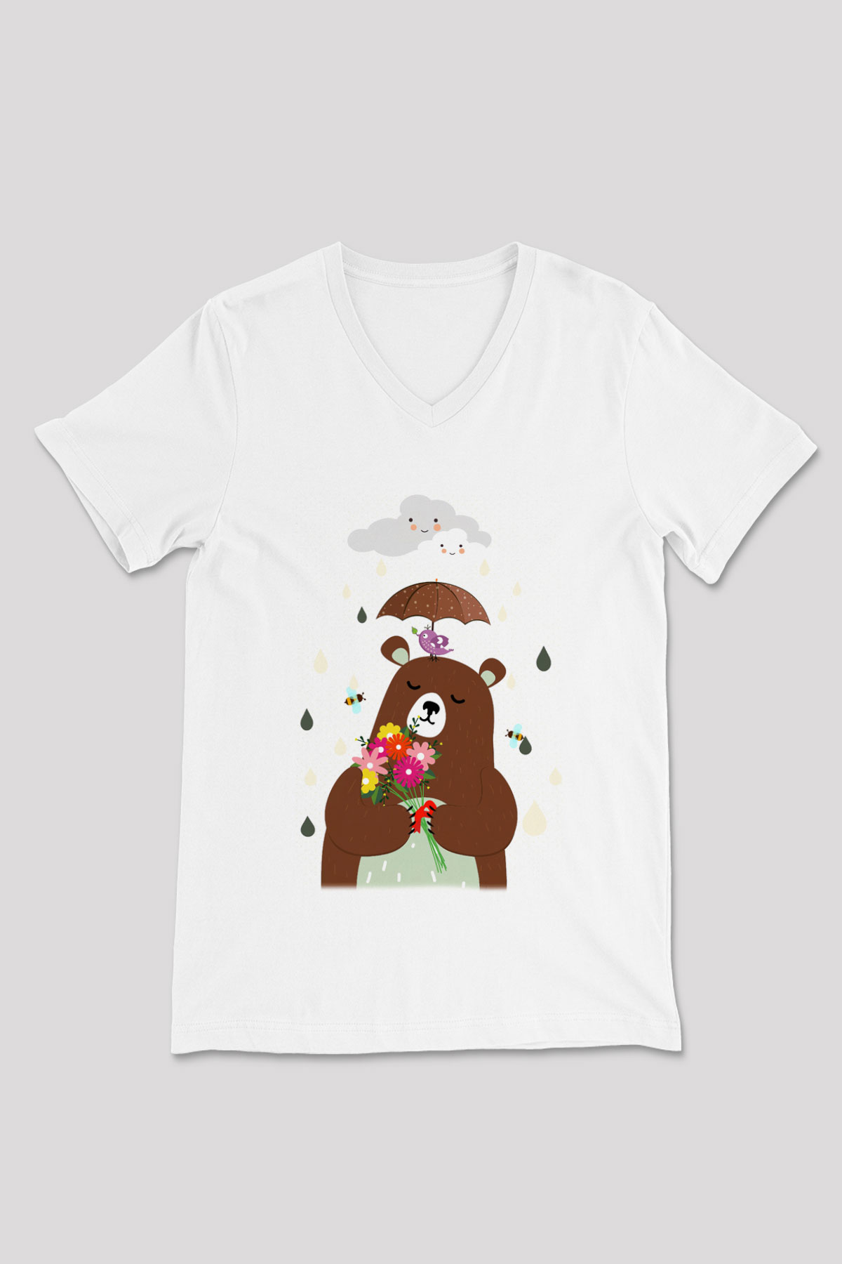 Ayı Beyaz Unisex V Yaka Tişört T-Shirt